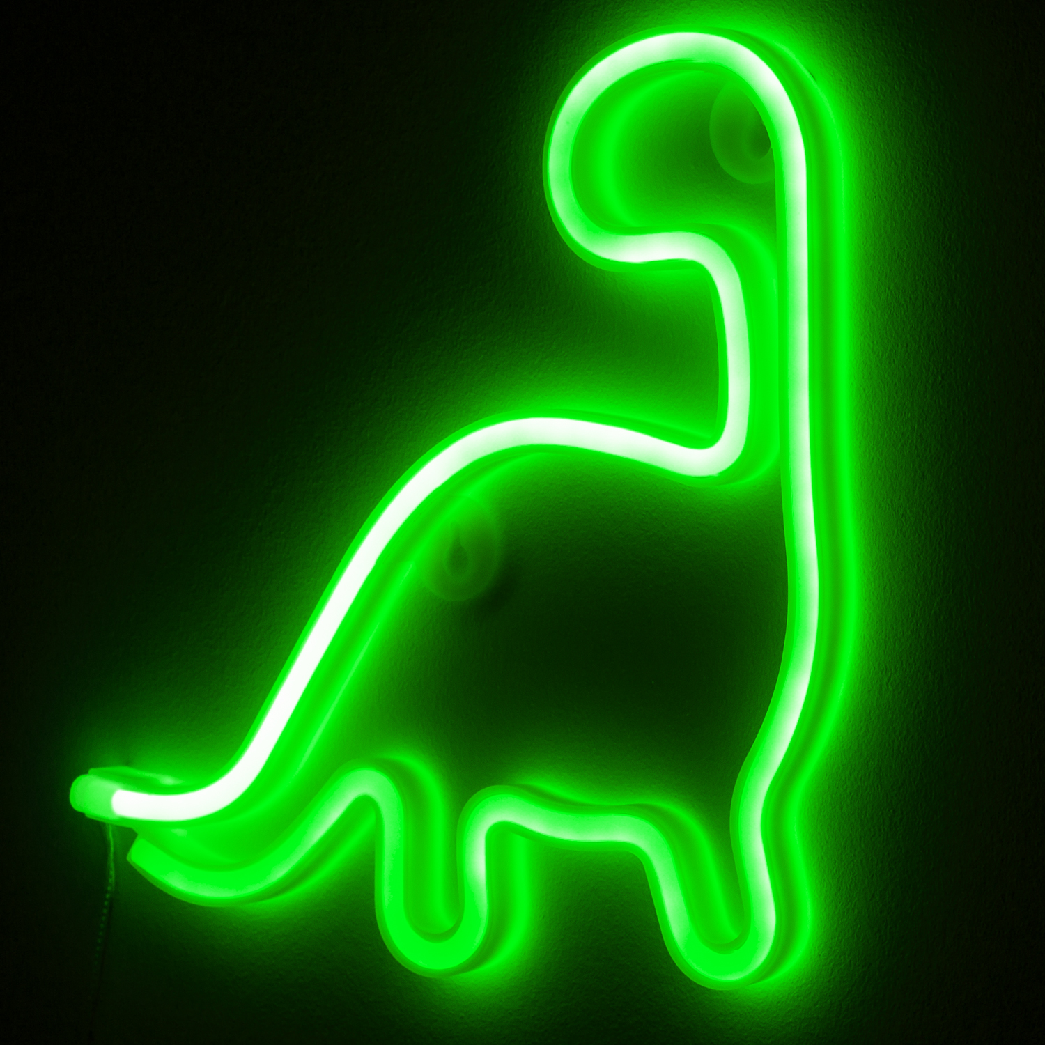 Dinosaurio neón verde. Fondo negro. Contorno brillante de un Brontosaurio.