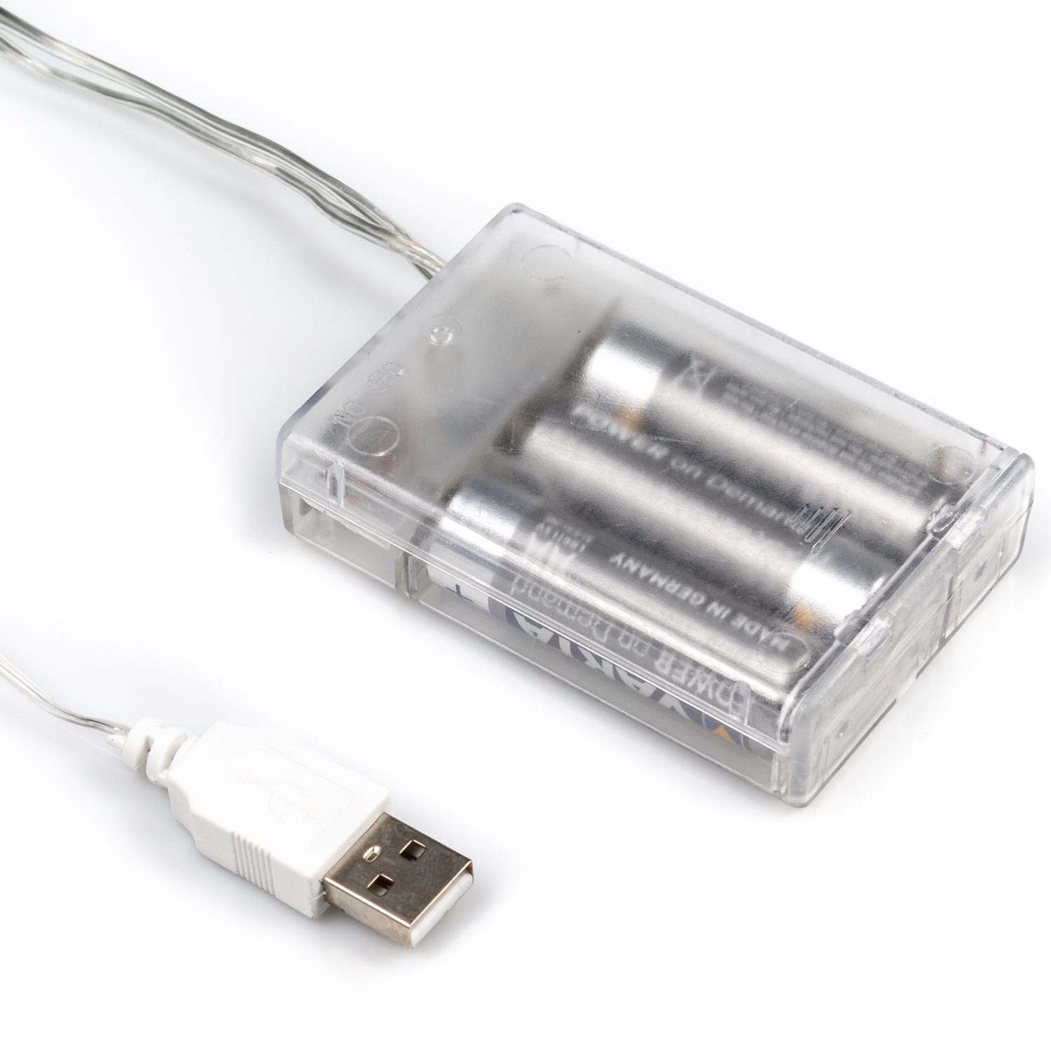 Portabatterie in plastica trasparente con batterie e cavo USB.