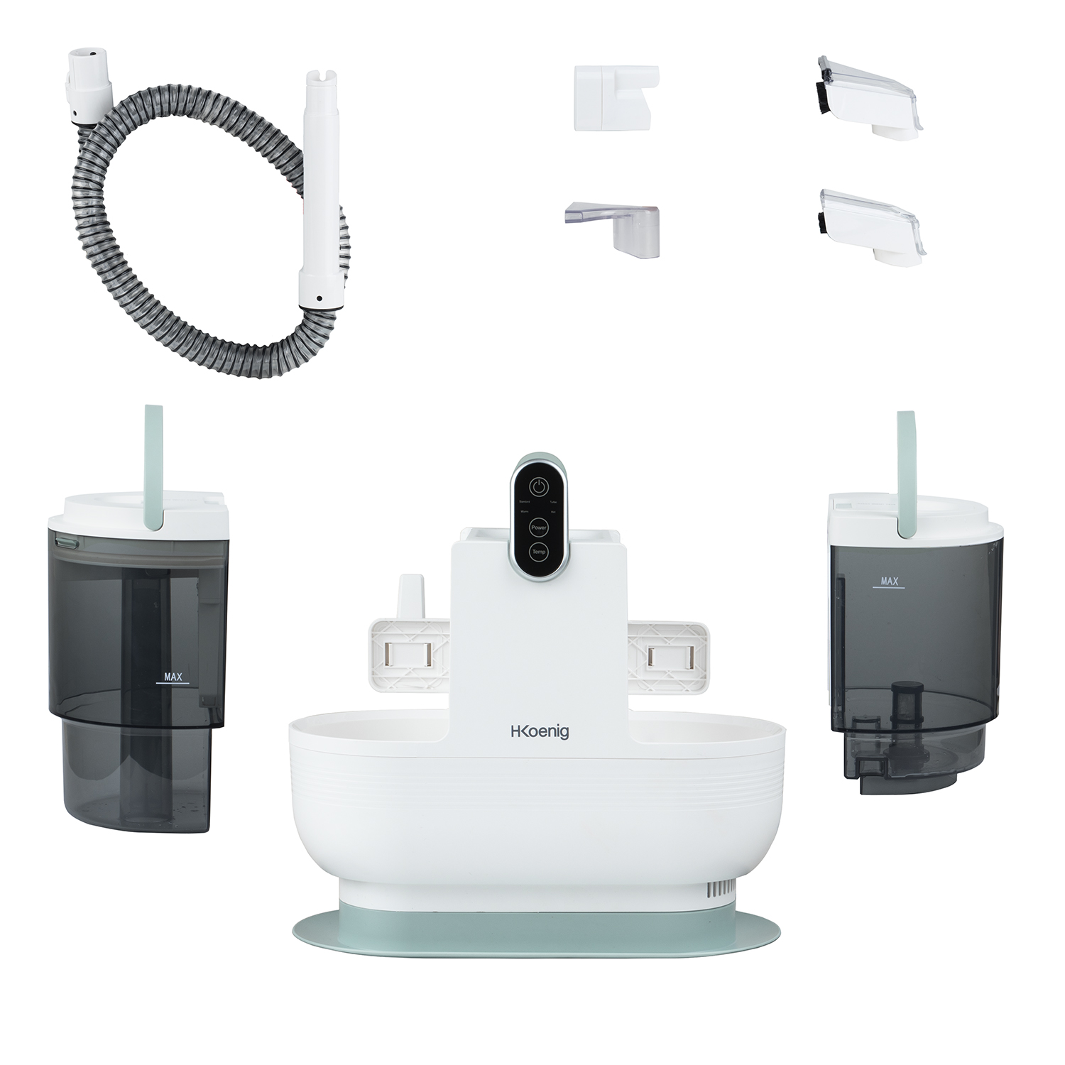 Purificador de agua blanco y verde con varias partes, incluyendo una manguera y dos tanques de agua.