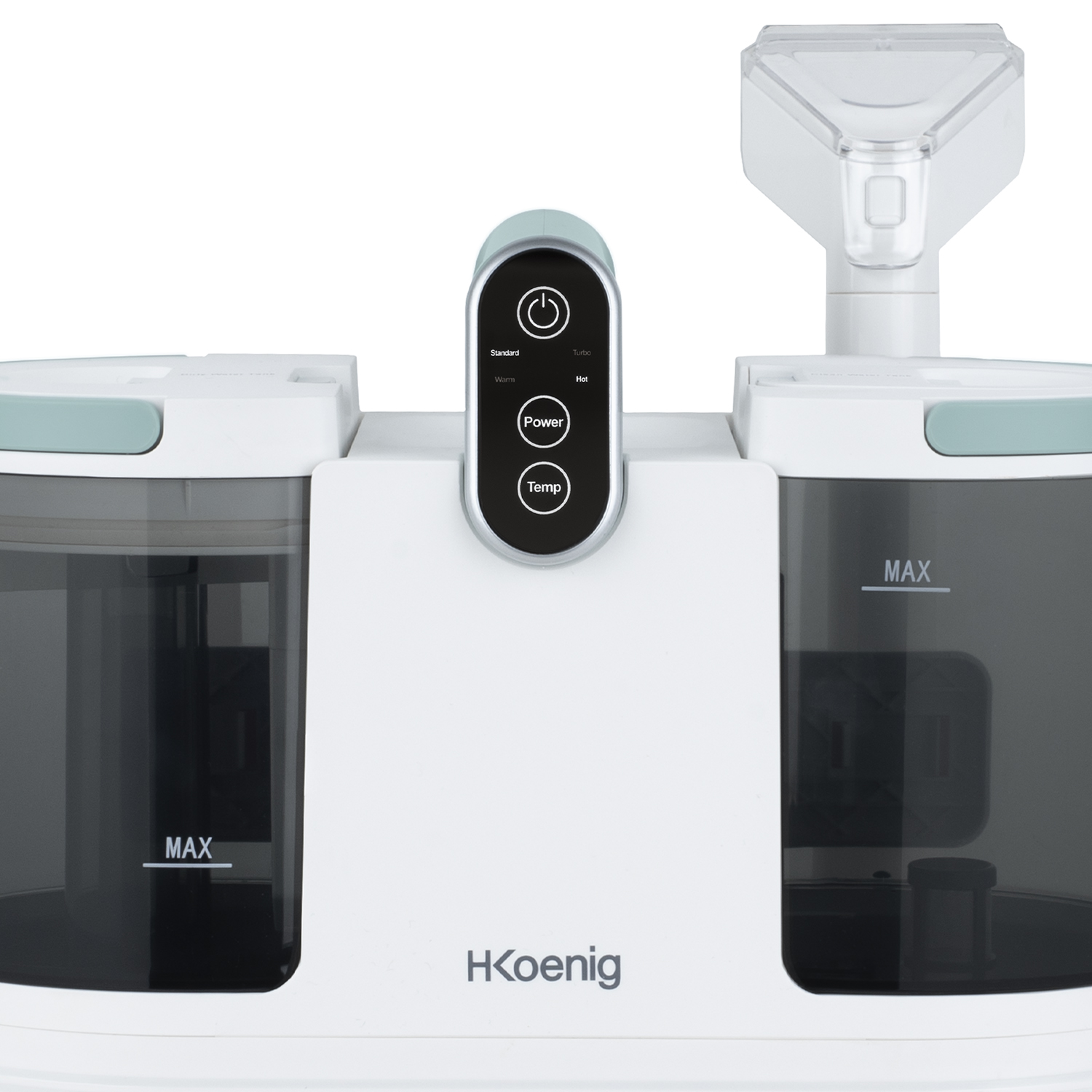Primer plano de un limpiador a vapor blanco y turquesa con botones y depósitos. El logotipo 'HKoenig' es visible.