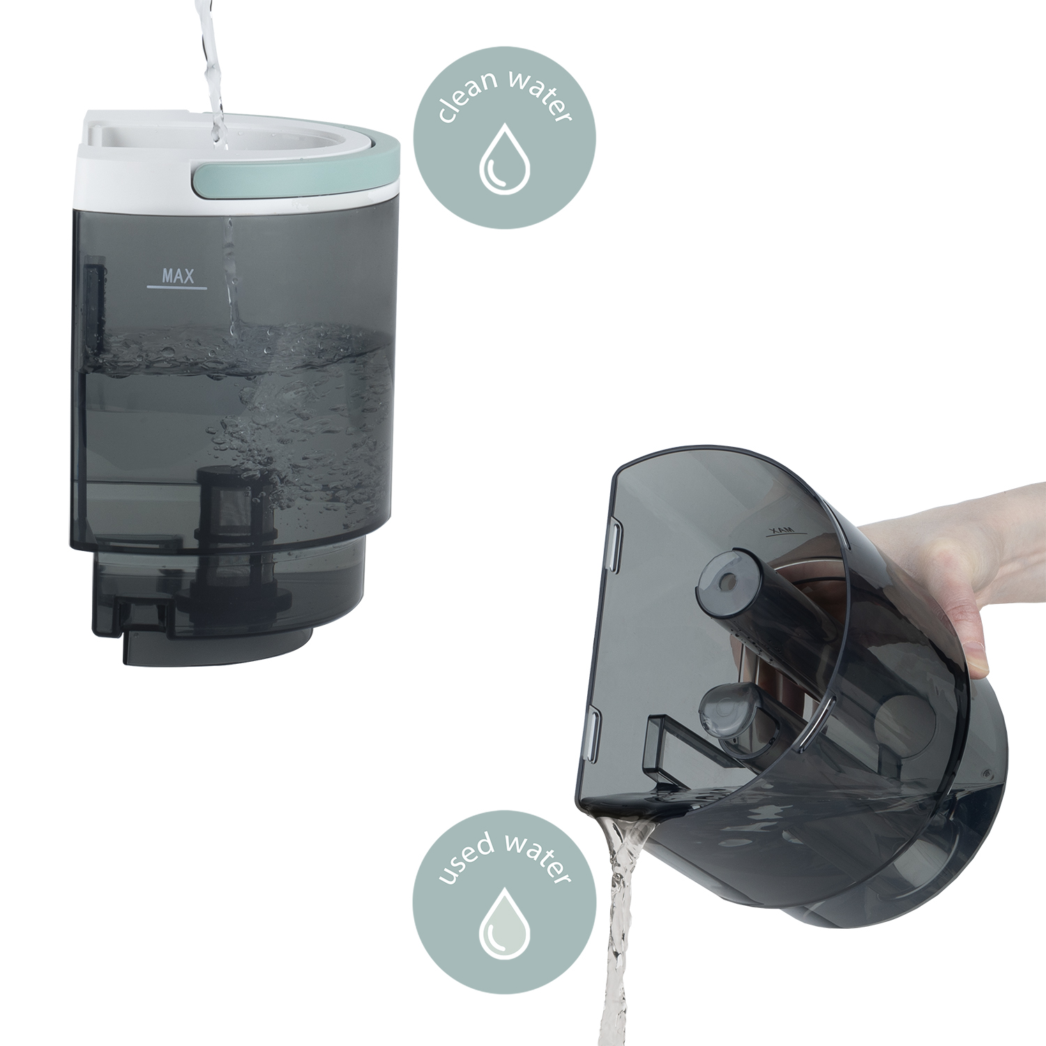 Tanques de agua con etiquetas de agua limpia y usada. Se vierte agua de un tanque.