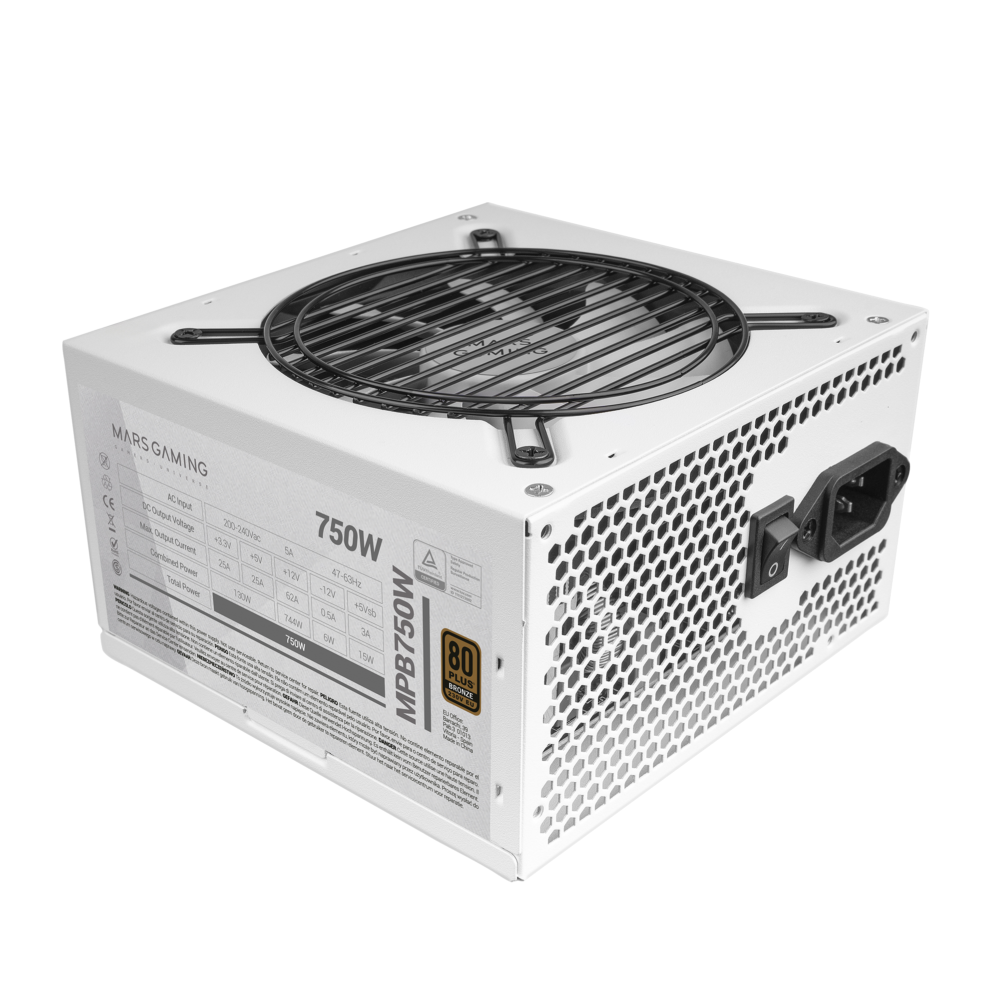 Biały zasilacz z czarną osłoną wentylatora, przełącznikiem i portem zasilania. Posiada etykietę ze specyfikacjami i logo marki.