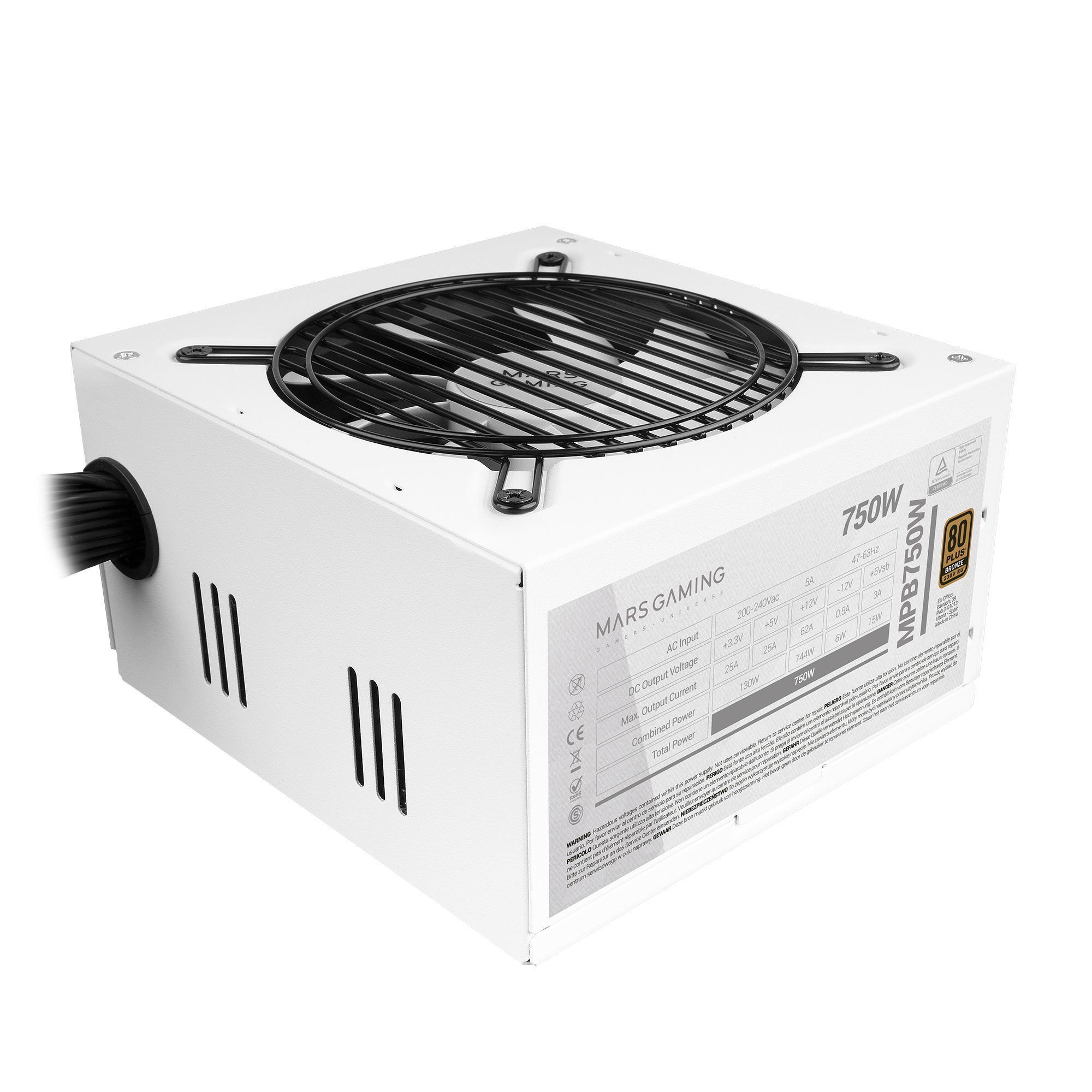 Biały zasilacz komputerowy. Ma czarny wentylator i kratkę. Posiada etykiety z danymi technicznymi i marką.