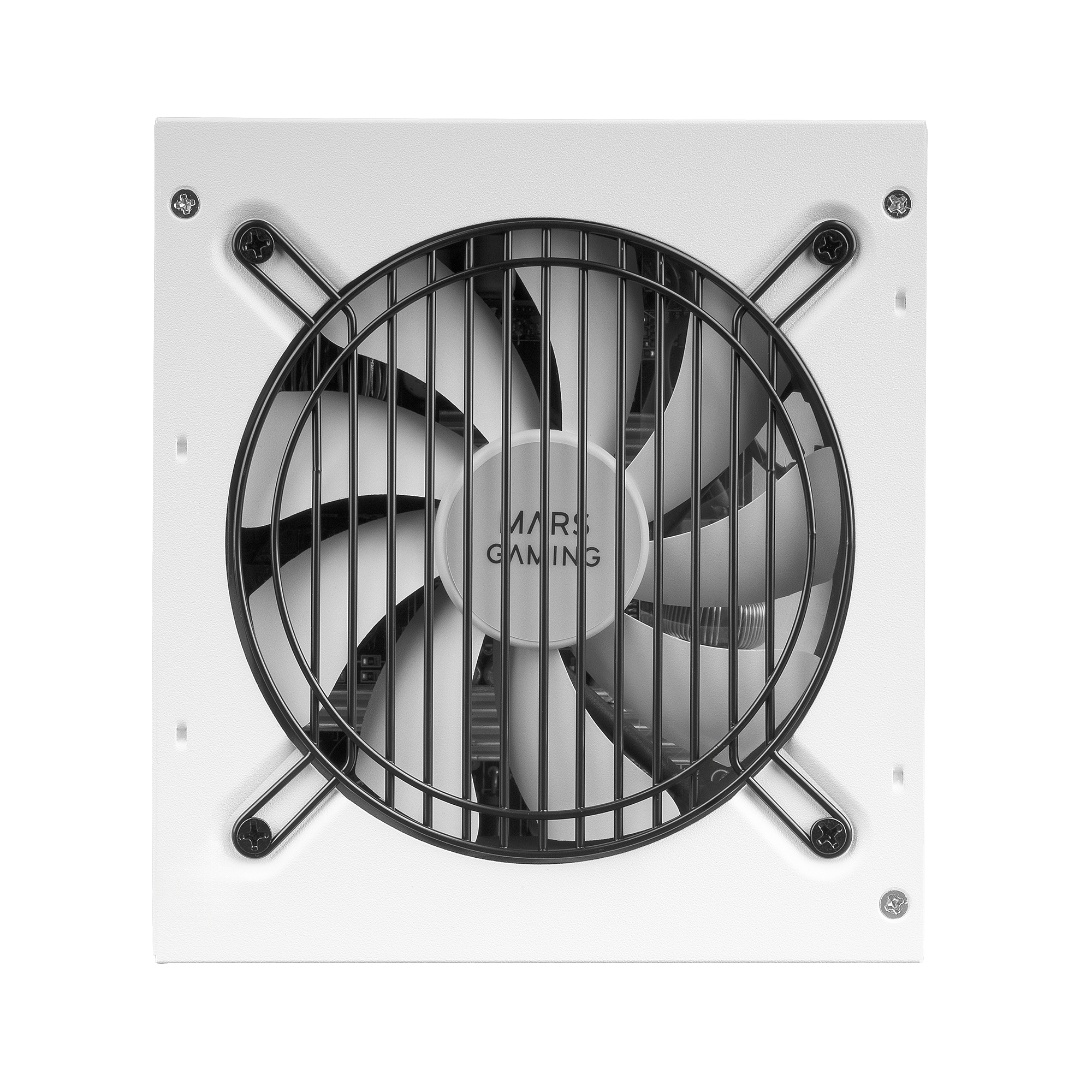 Biały wentylator komputerowy z czarną kratką i łopatkami. Na środku napis 'MARS GAMING'.
