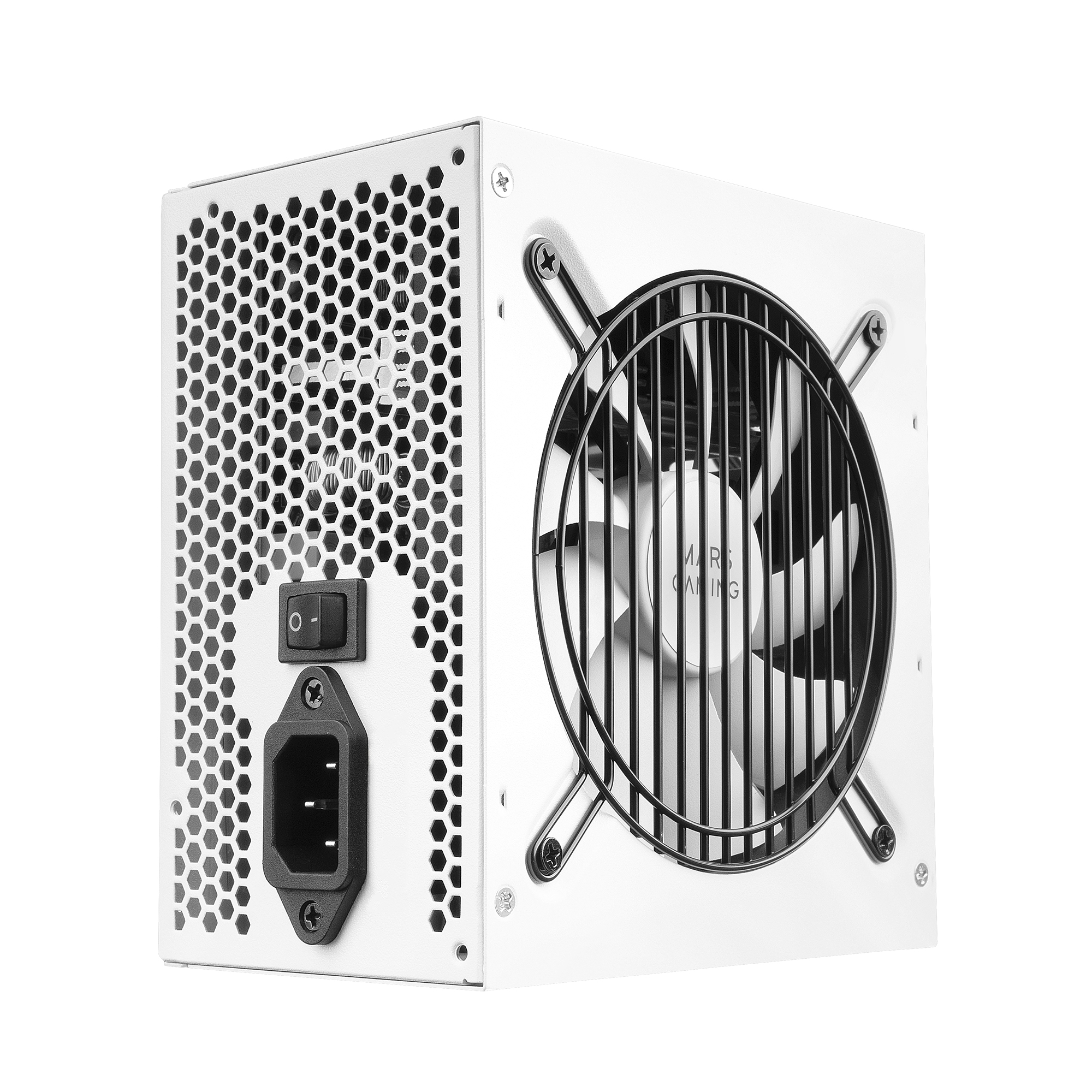 Biały zasilacz komputerowy. Posiada wentylator z czarną kratką, otwory wentylacyjne w kształcie plastra miodu, włącznik i wejście.