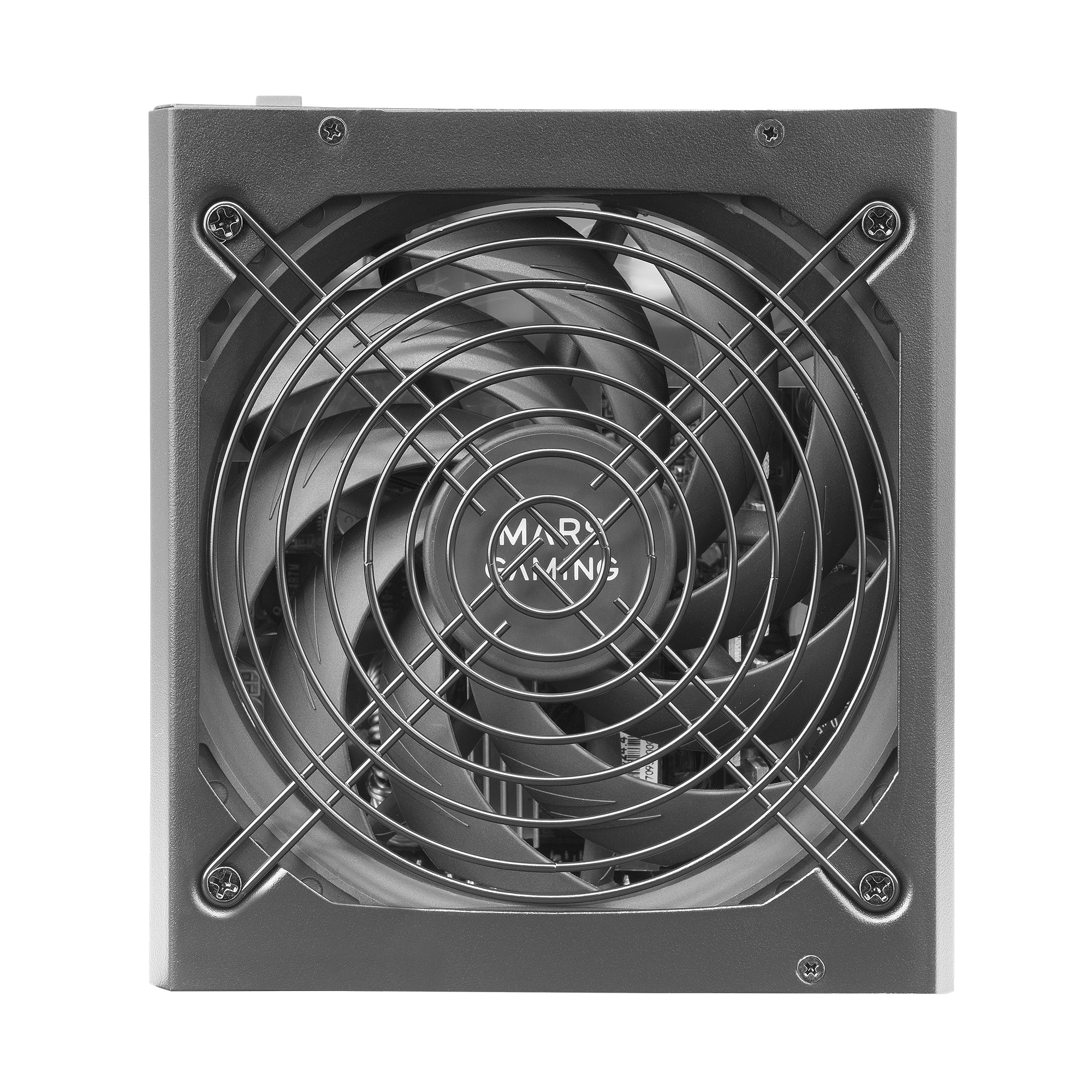 Szary zasilacz z wentylatorem i kratką ochronną.