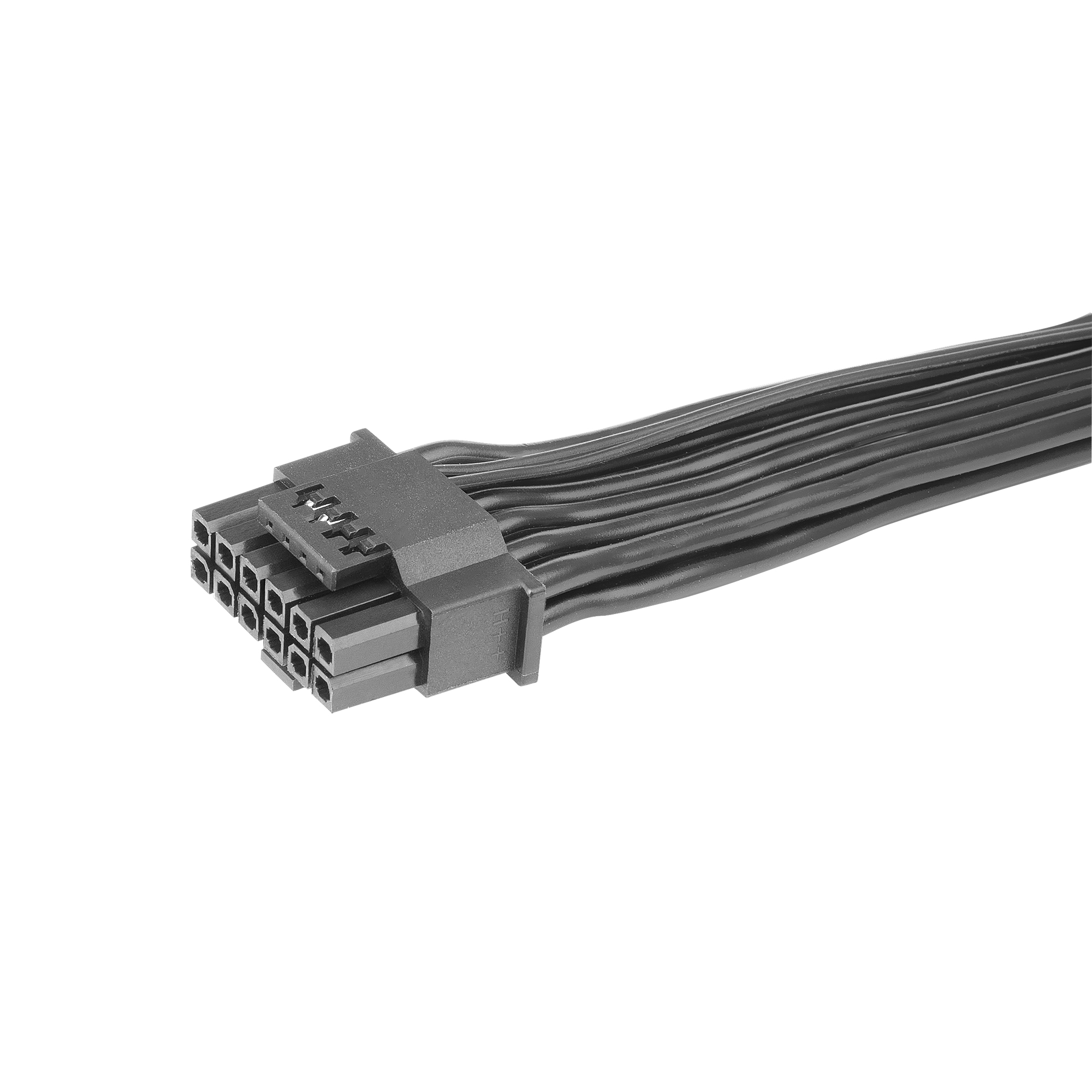 Czarny konektor kabla zasilającego z wieloma pinami, na białym tle.