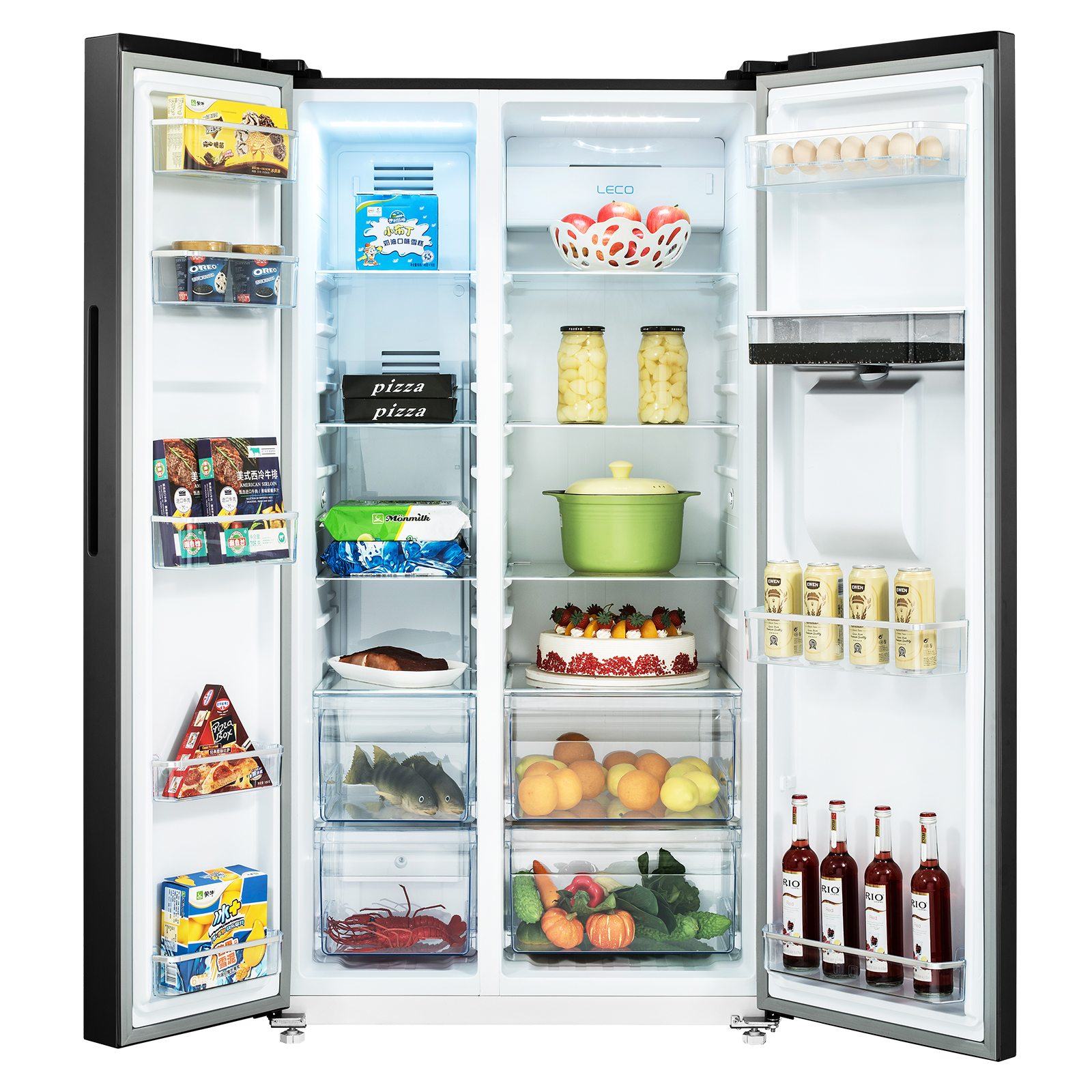 Un refrigerador con las puertas abiertas, lleno de alimentos.