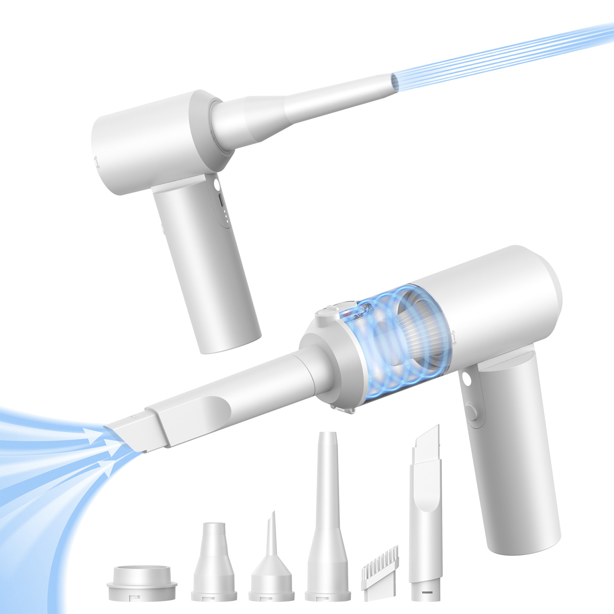 Biała, ręczna dmuchawa powietrza z nasadkami i niebieskimi strumieniami powietrza.