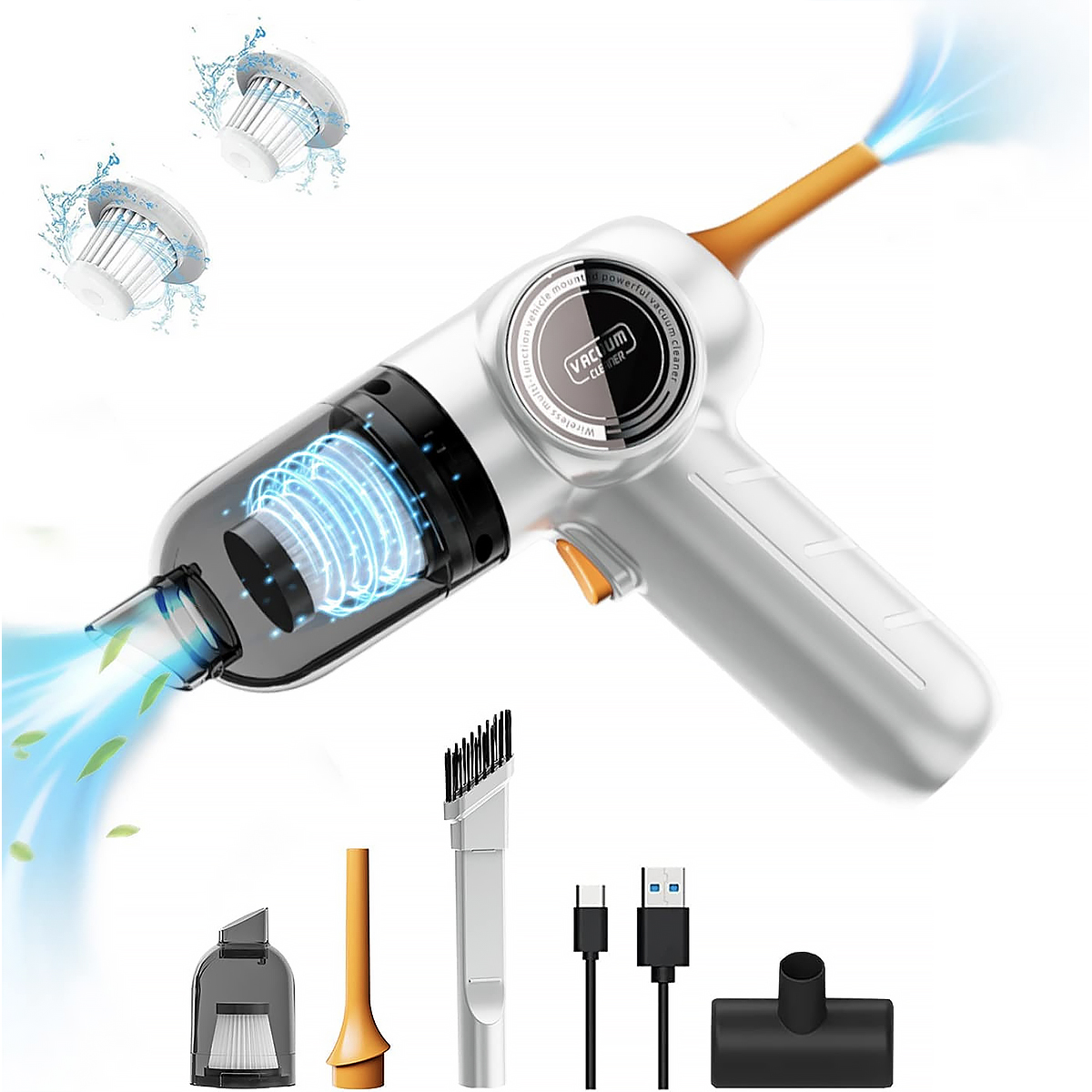 Odkurzacz ręczny z akcesoriami. Biały korpus, niebieski przepływ powietrza i różne dysze.