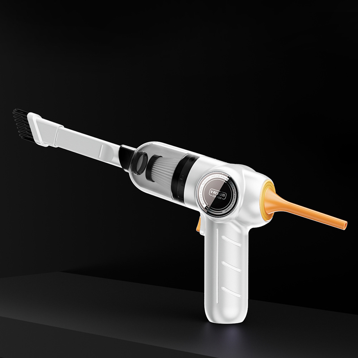 Biało-pomarańczowy odkurzacz ręczny z przezroczystym pojemnikiem na kurz.