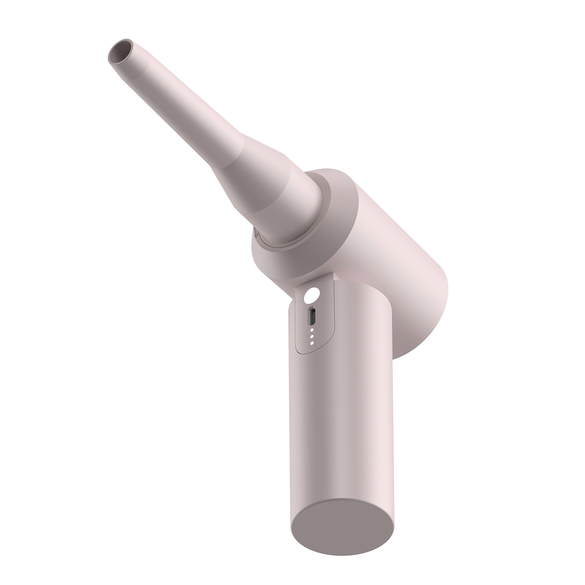 Różowe urządzenie ręczne z dyszą, na białym tle. Posiada trzy lampki kontrolne.