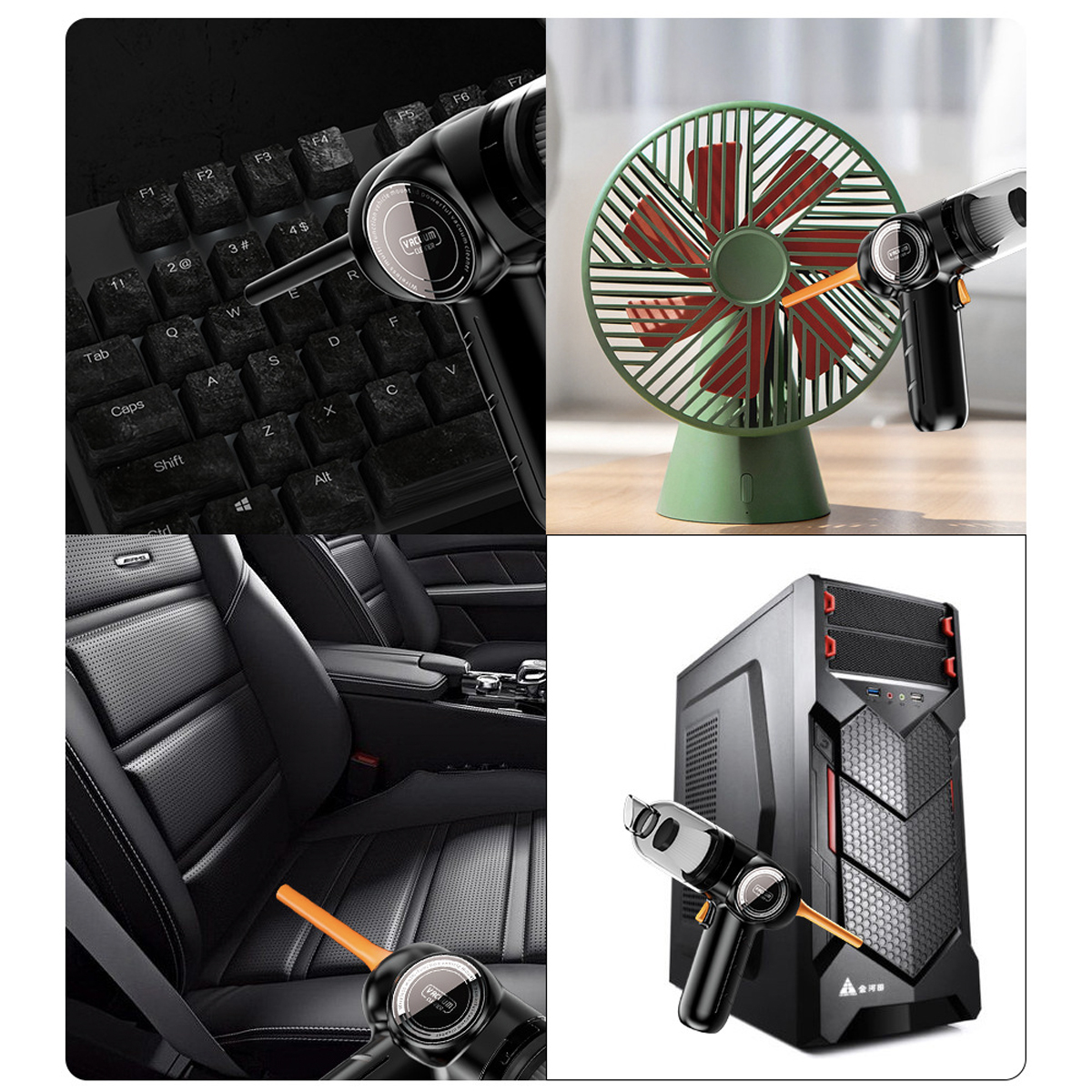 Czarny odkurzacz powietrza czyści klawiaturę, wentylator, fotel samochodowy i obudowę komputera. Ma pomarańczową dyszę.