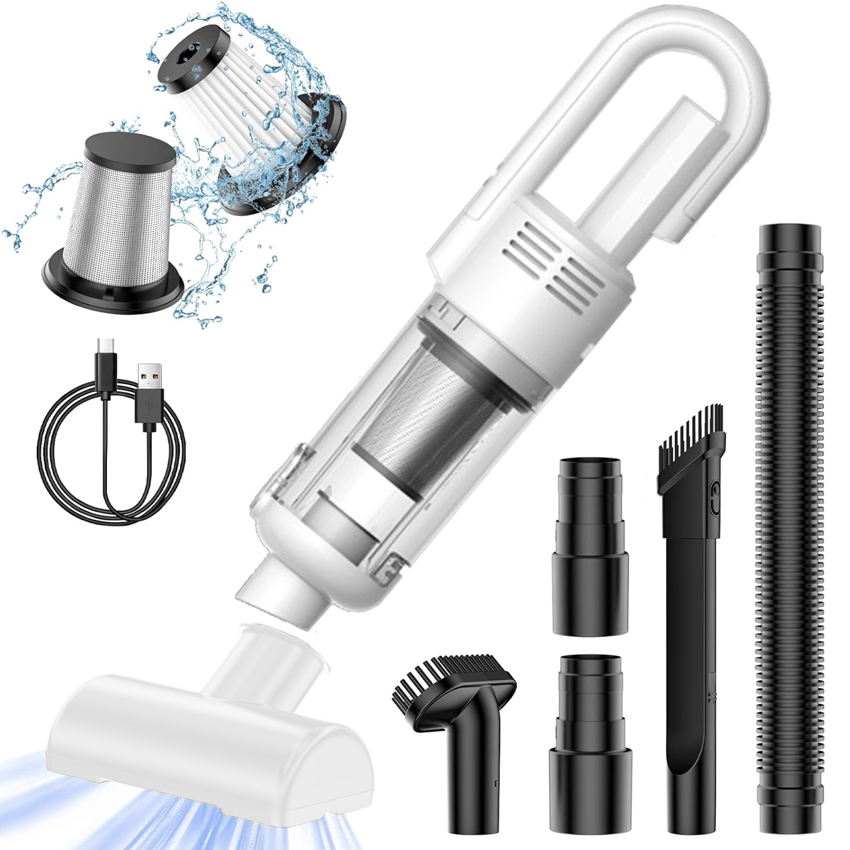 Biały odkurzacz ręczny z akcesoriami, w tym filtrem i różnymi głowicami czyszczącymi. Pokazana jest woda.