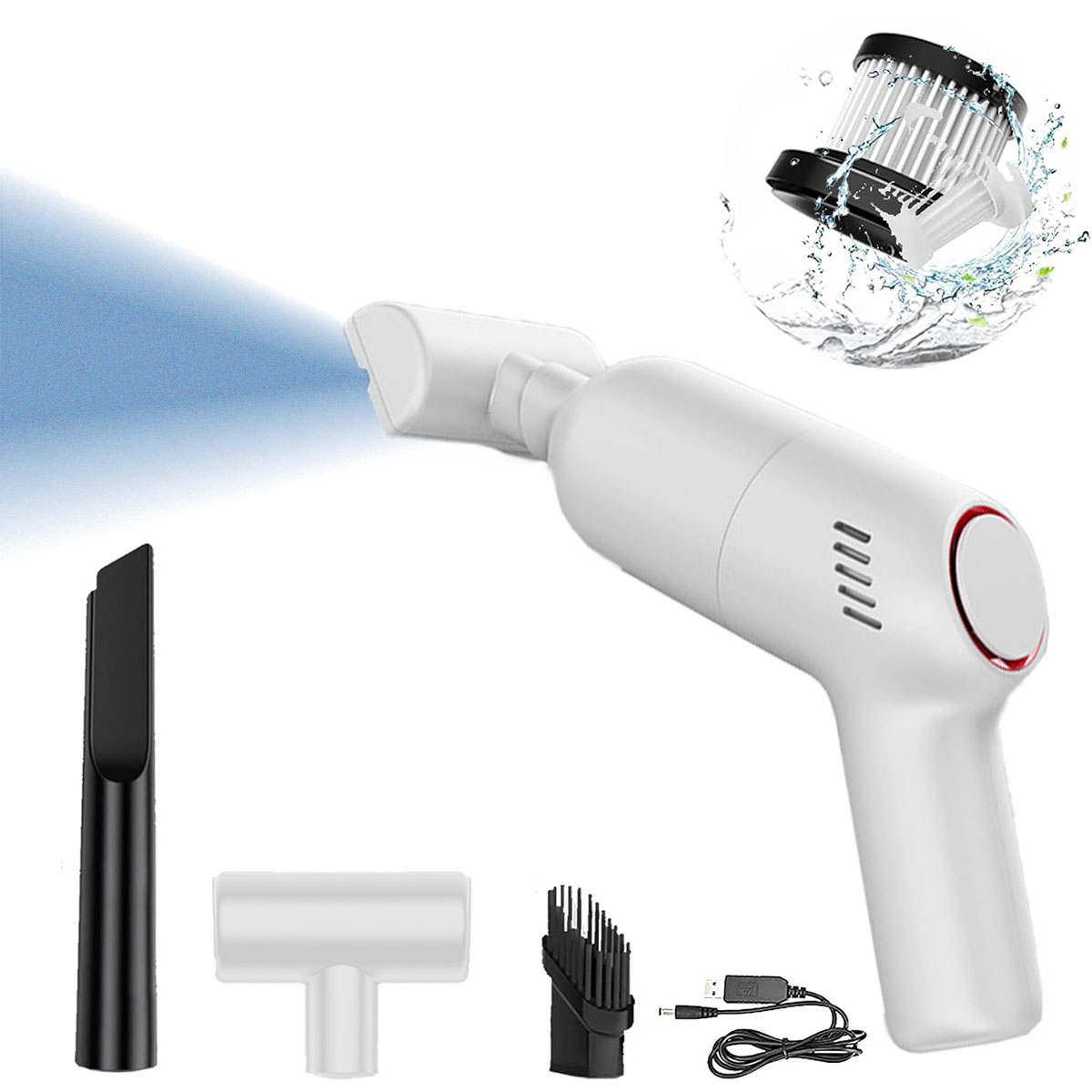 Biały odkurzacz ręczny z akcesoriami i kablem do ładowania USB.