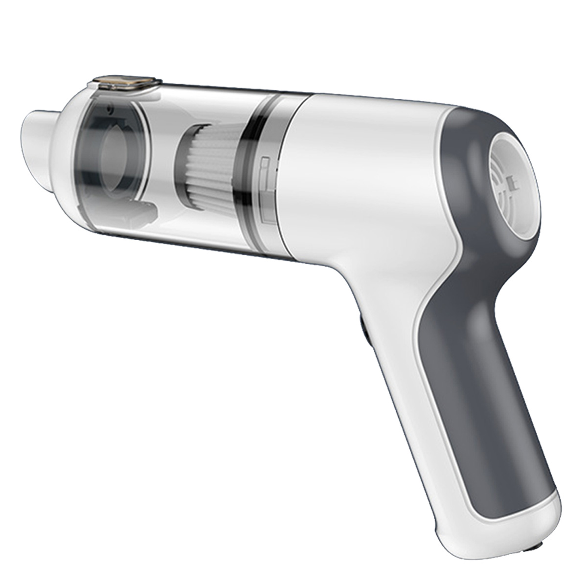 Biały i szary odkurzacz ręczny z przezroczystym pojemnikiem.