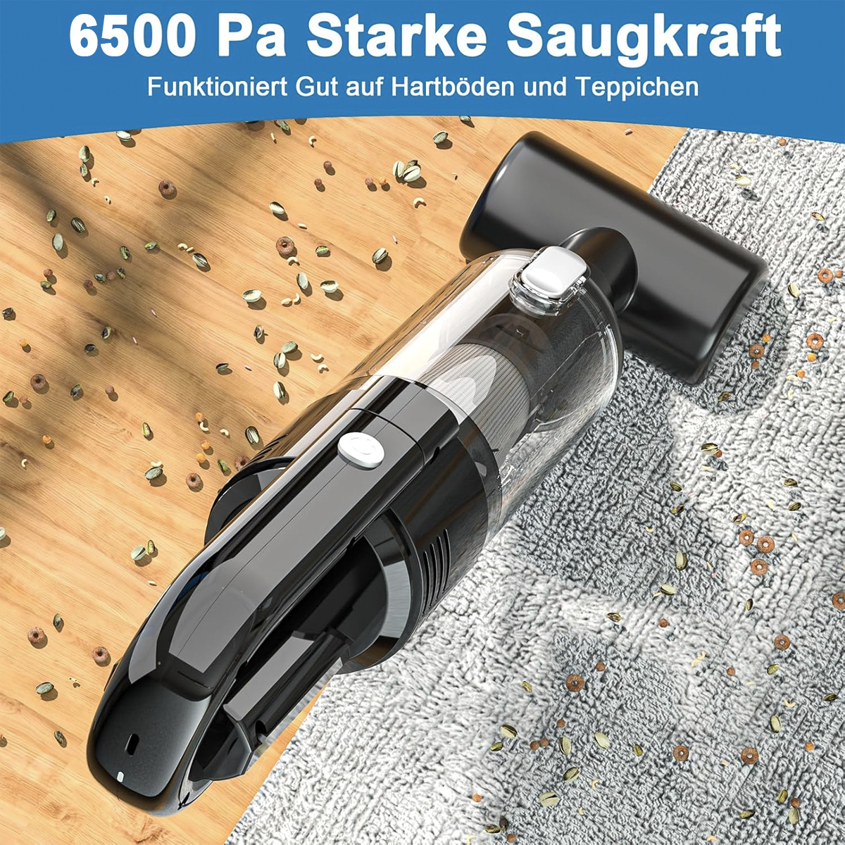 Odkurzacz ręczny. Czarny i przezroczysty. Drewniana powierzchnia. Tekst u góry.