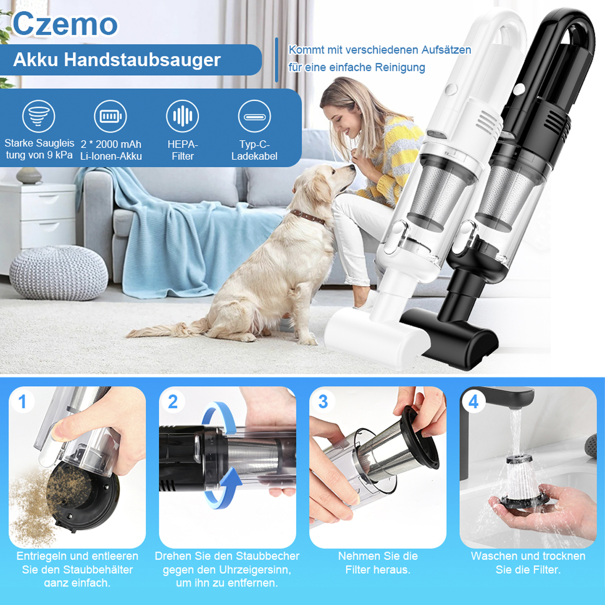 Odkurzacz ręczny z akcesoriami. Pies i kobieta w tle.