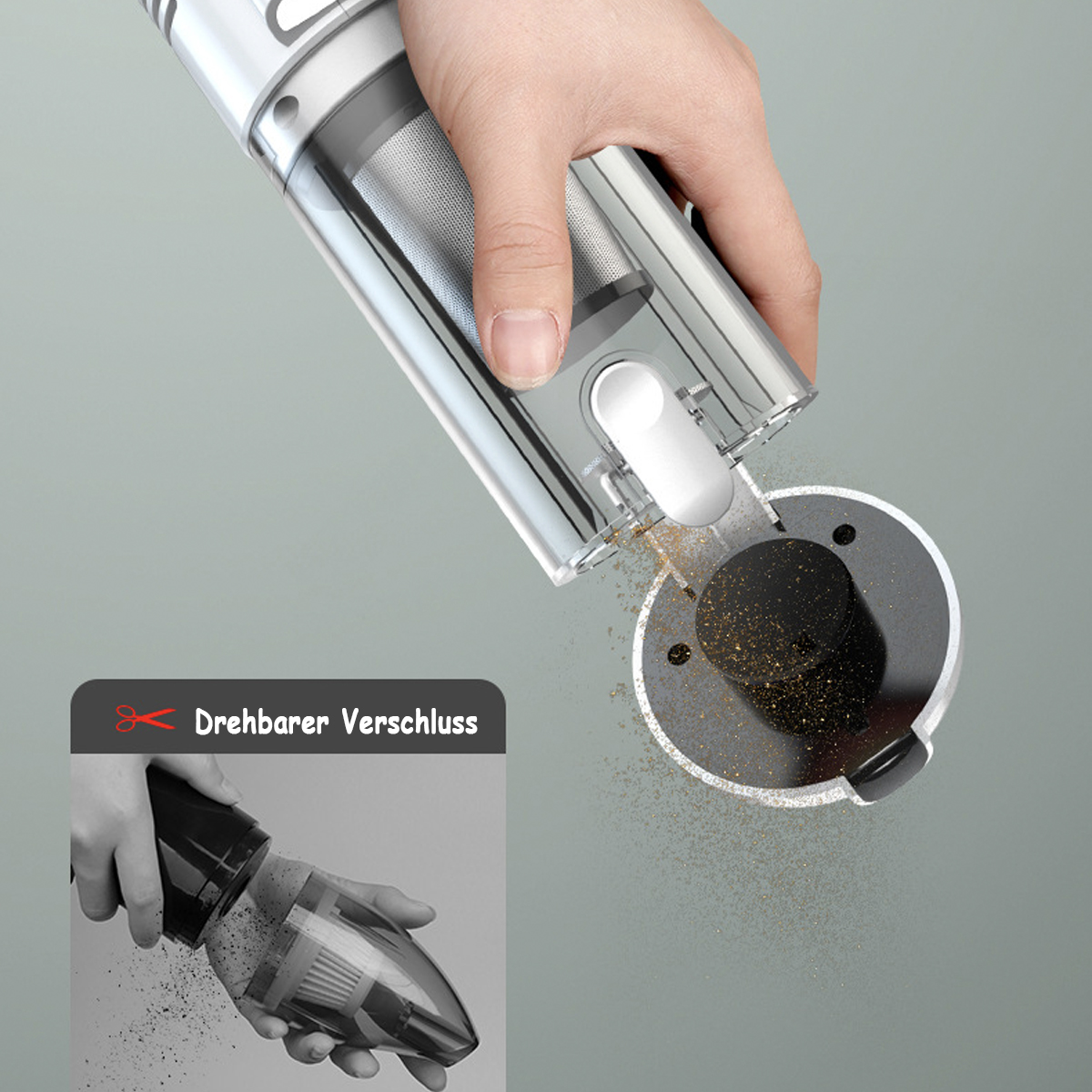 Handstaubsauger, wobei der Behälter von einer Hand entleert wird.