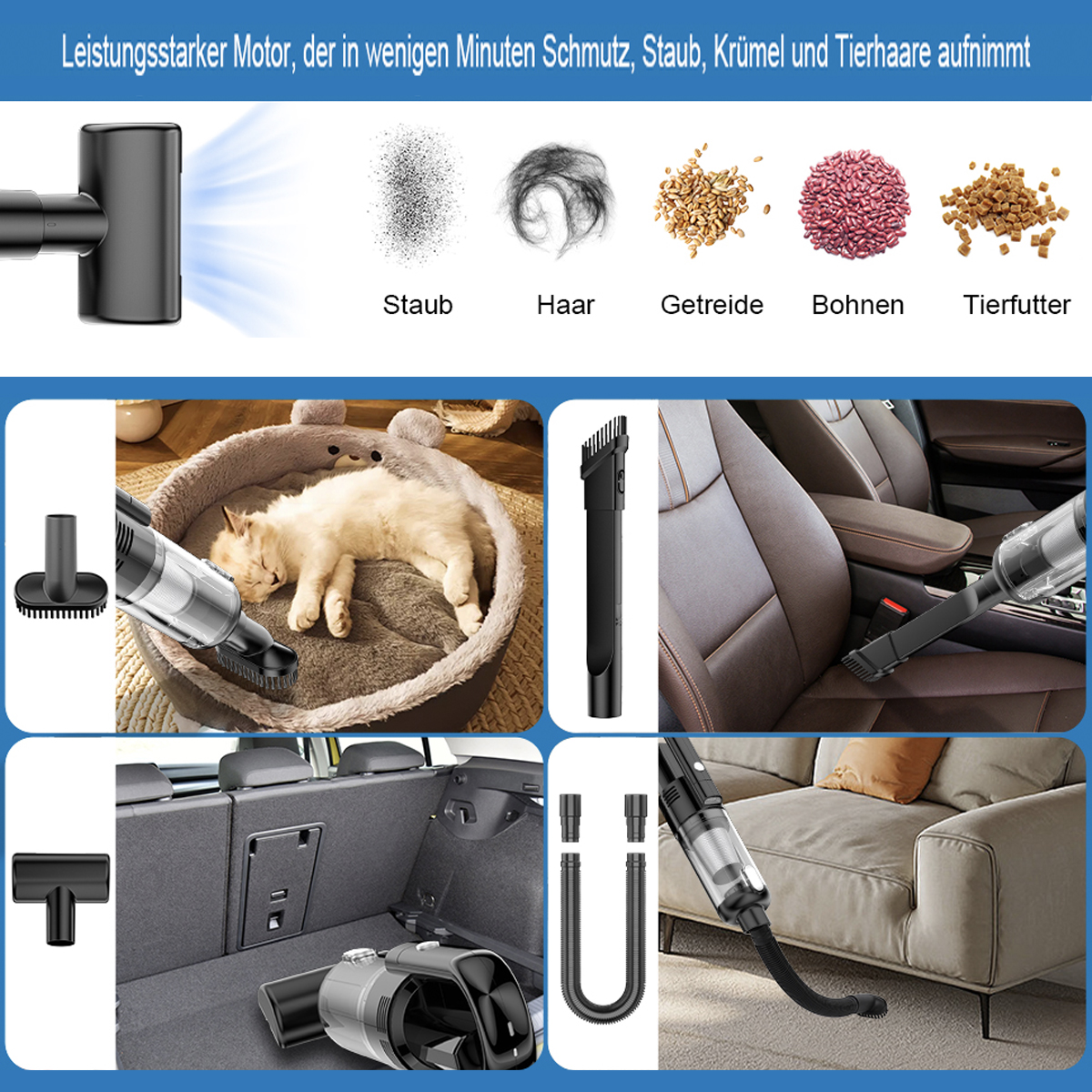 Odkurzacz z akcesoriami i tekstem w języku niemieckim, pokazujący różne przedmioty.