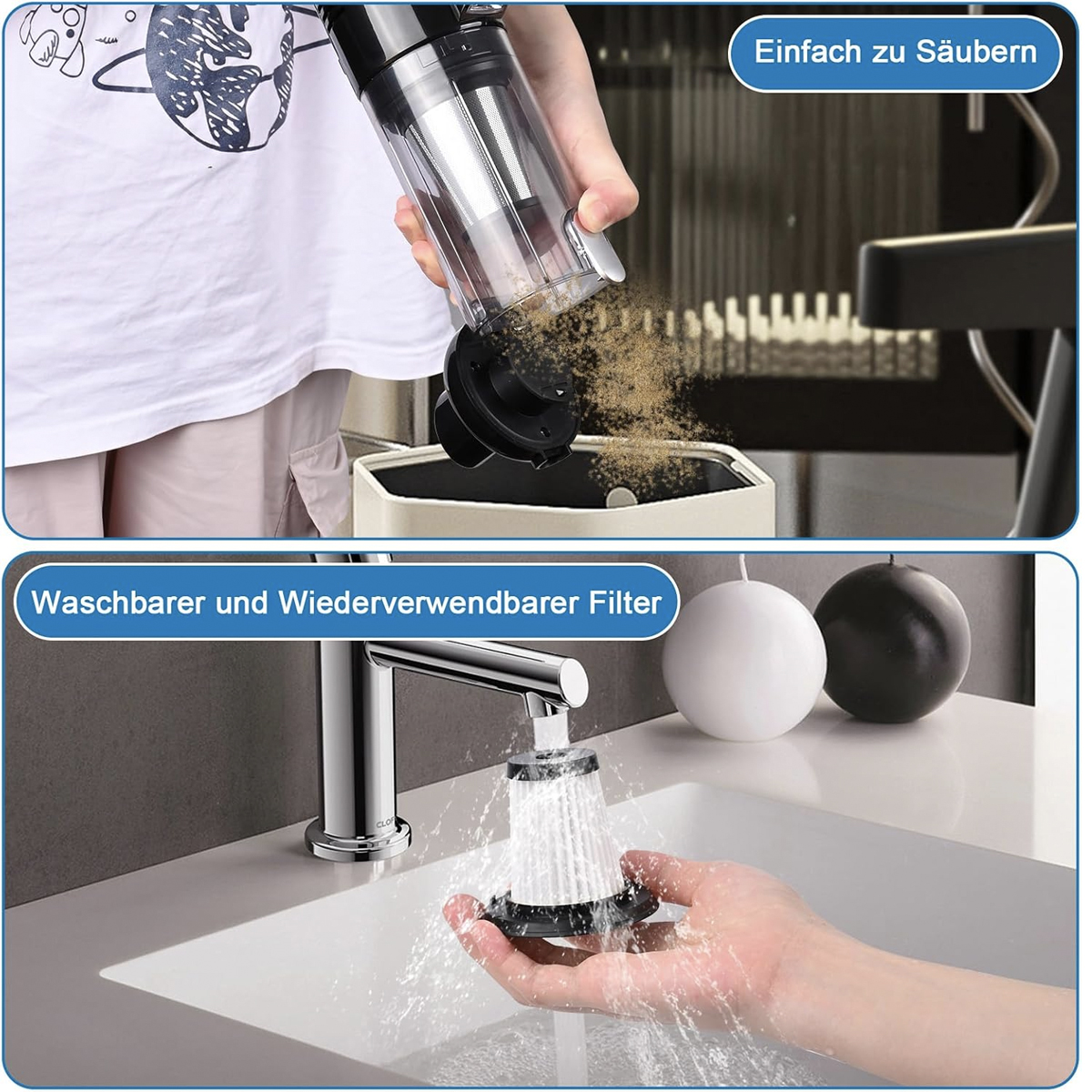 Odkurzacz opróżniany do kosza na śmieci i filtr czyszczony pod bieżącą wodą.