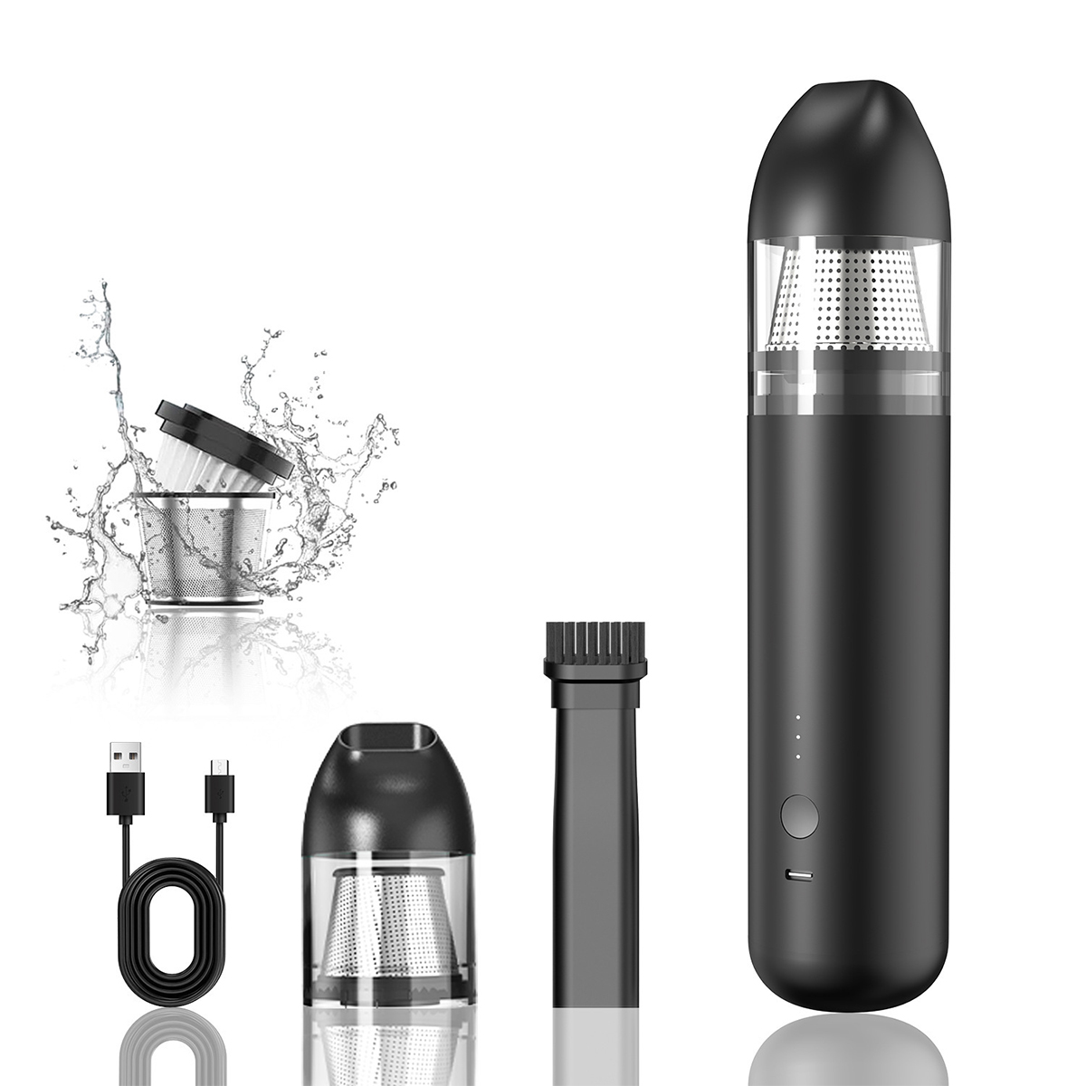 Czarny odkurzacz ręczny z różnymi nasadkami. Tło jest białe.