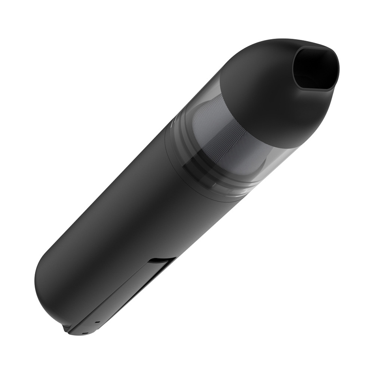 Czarny e-papieros. Ma długi, zaokrąglony kształt z przezroczystą sekcją i ustnikiem.