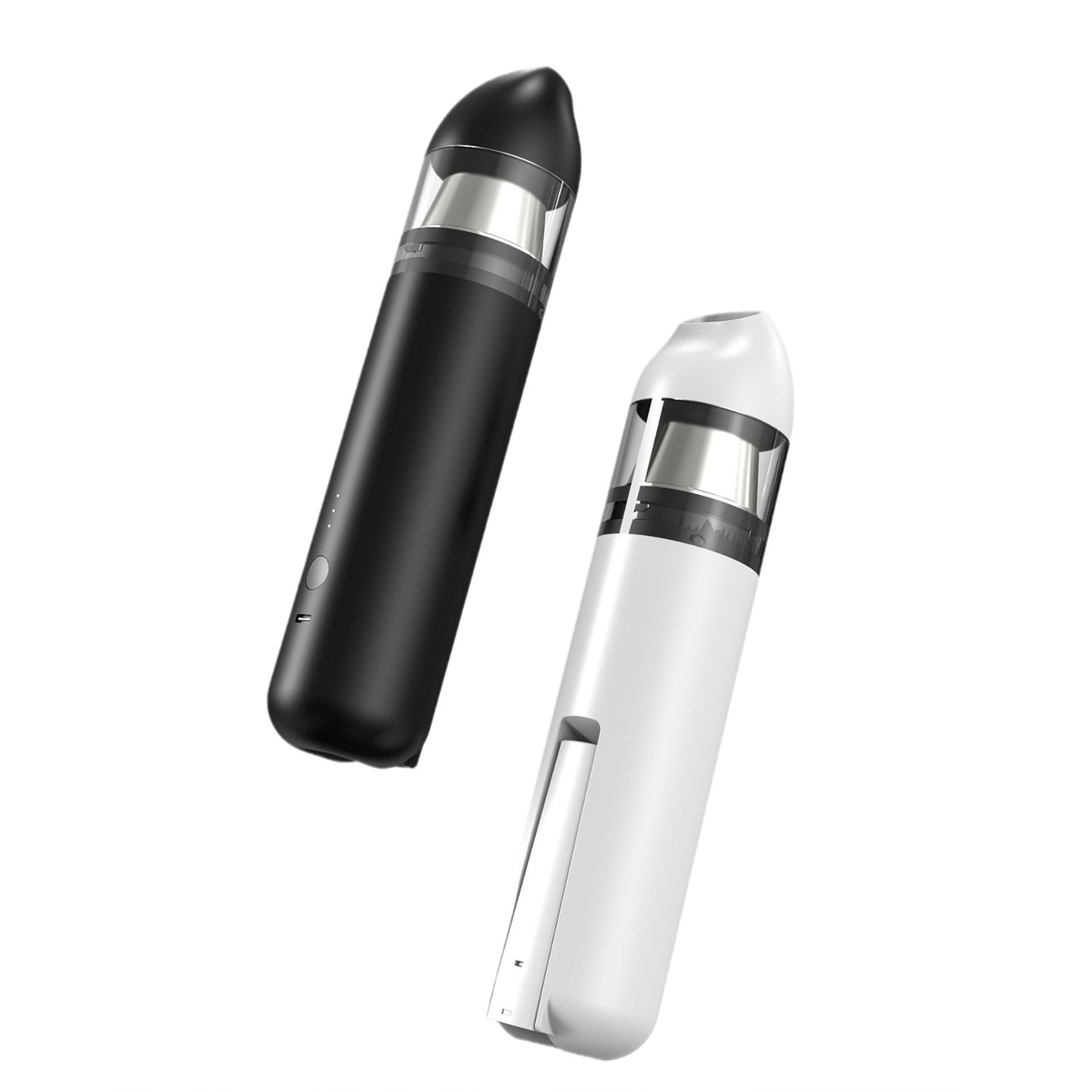 Dwa e-papierosy, jeden czarny, jeden biały, unoszą się w powietrzu.