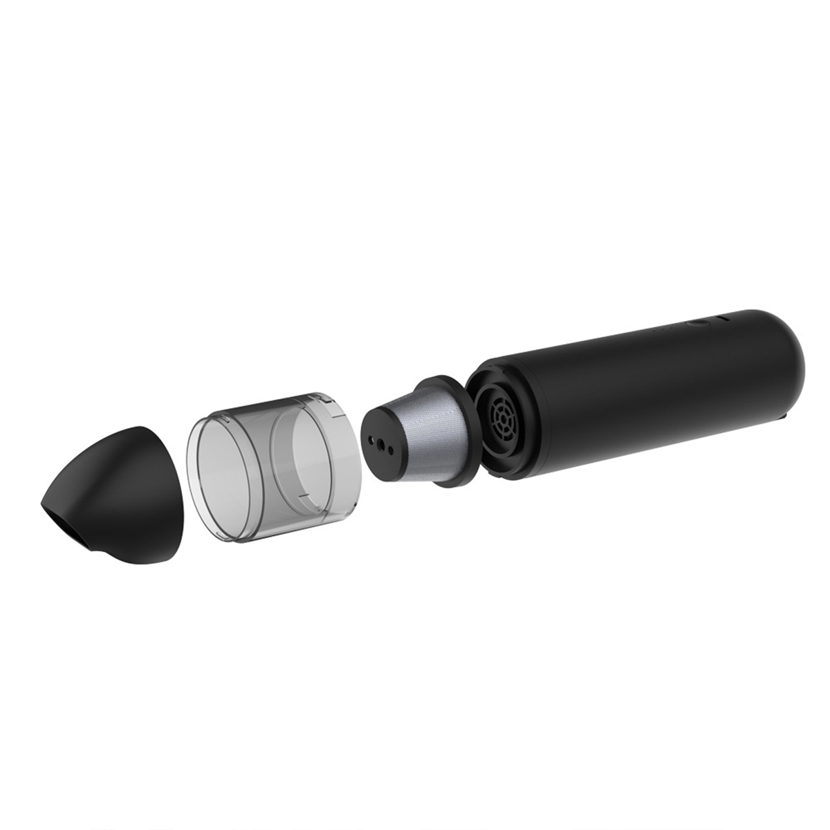 Czarny, zdemontowany przyrząd elektroniczny z oddzielonymi elementami, na białym tle.