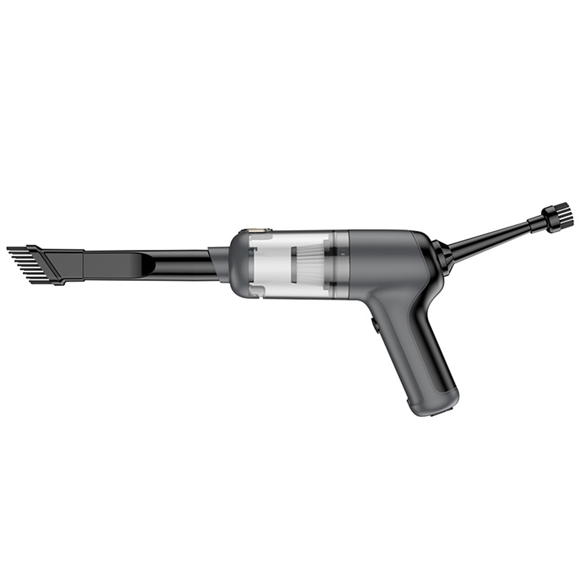 Wyświetlany jest odkurzacz ręczny. Ma szary korpus z przezroczystym pojemnikiem.