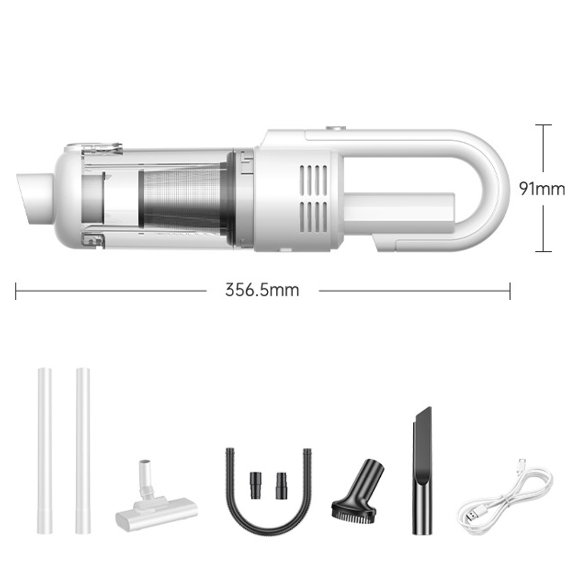 Biały odkurzacz ręczny i jego akcesoria, z podanymi wymiarami.