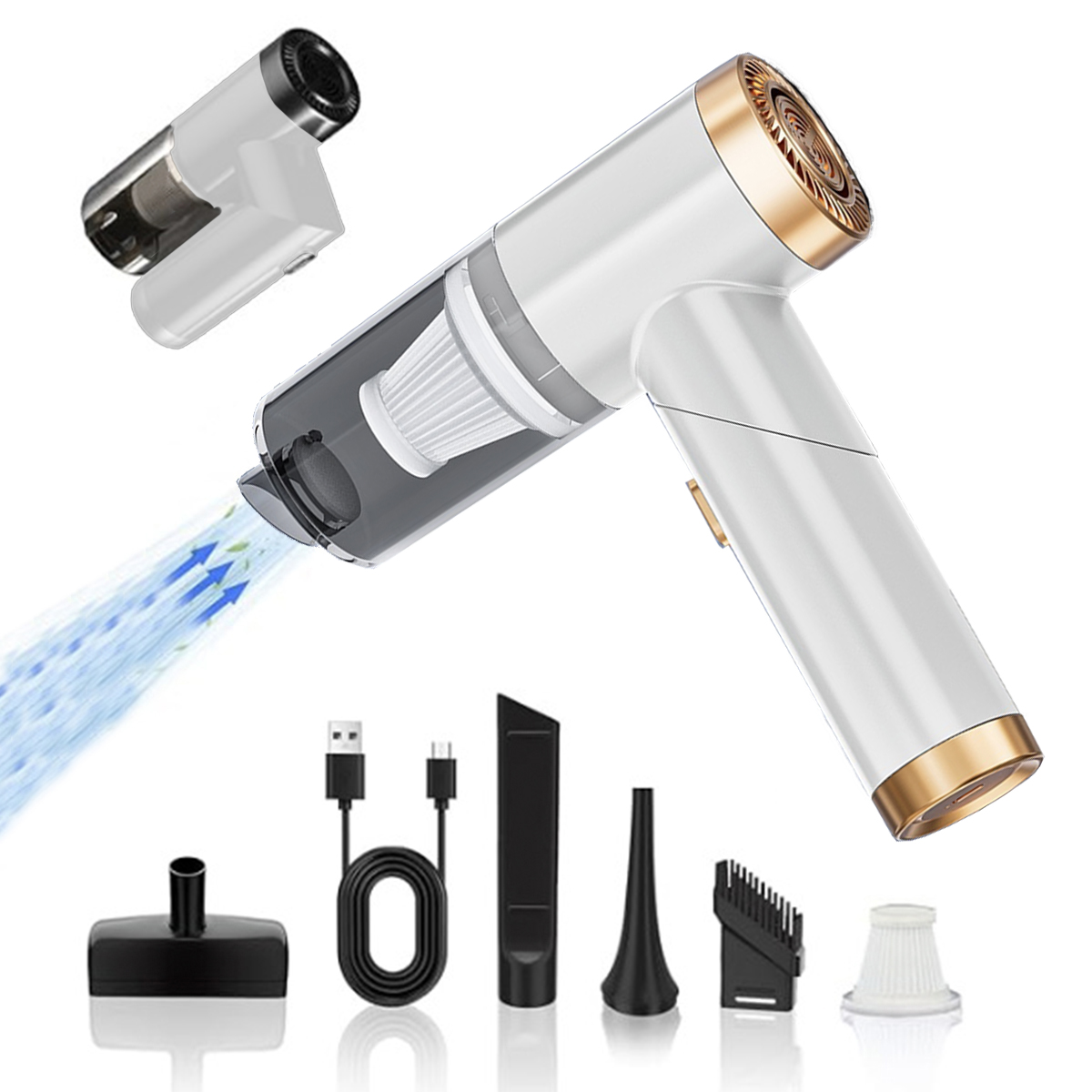 Odkurzacz ręczny w kolorze białym i złotym, z akcesoriami i wyraźnym widokiem filtra.