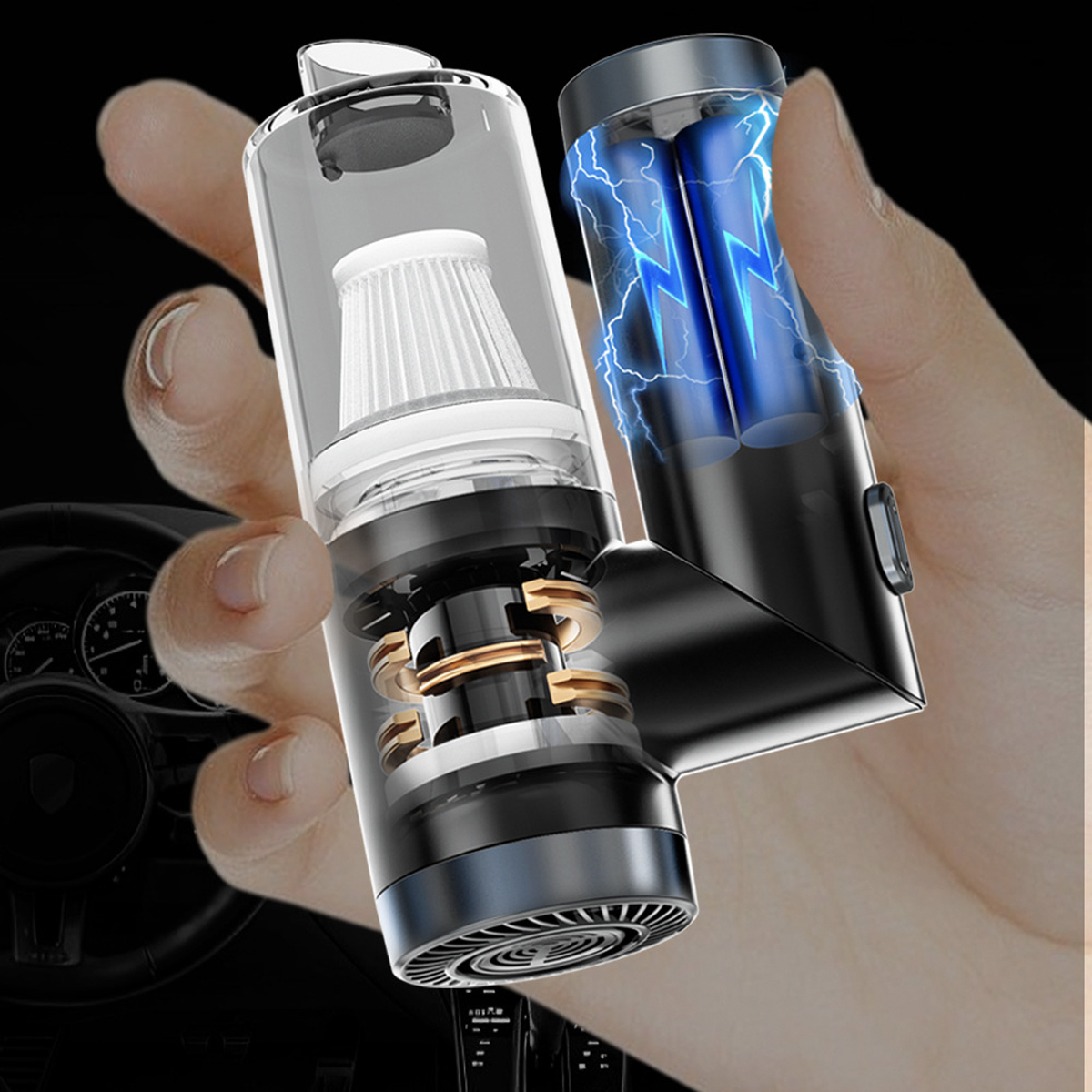 Dłoń trzymająca przezroczyste urządzenie czyszczące, z filtrem i iskrami elektrycznymi.