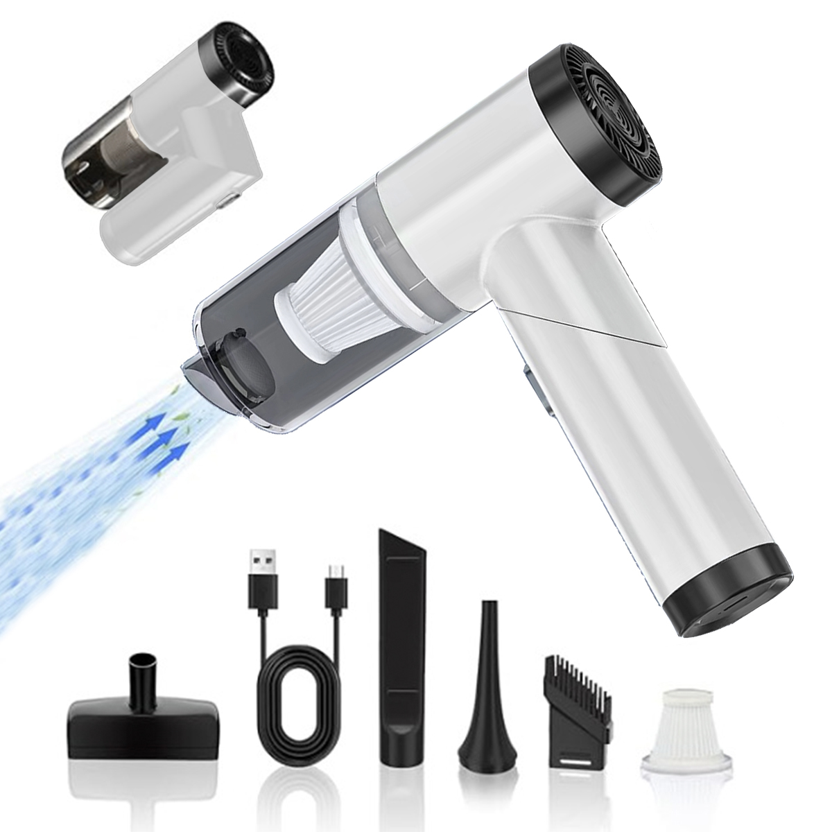 Odkurzacz ręczny z akcesoriami, biały korpus i niebieski przepływ powietrza.