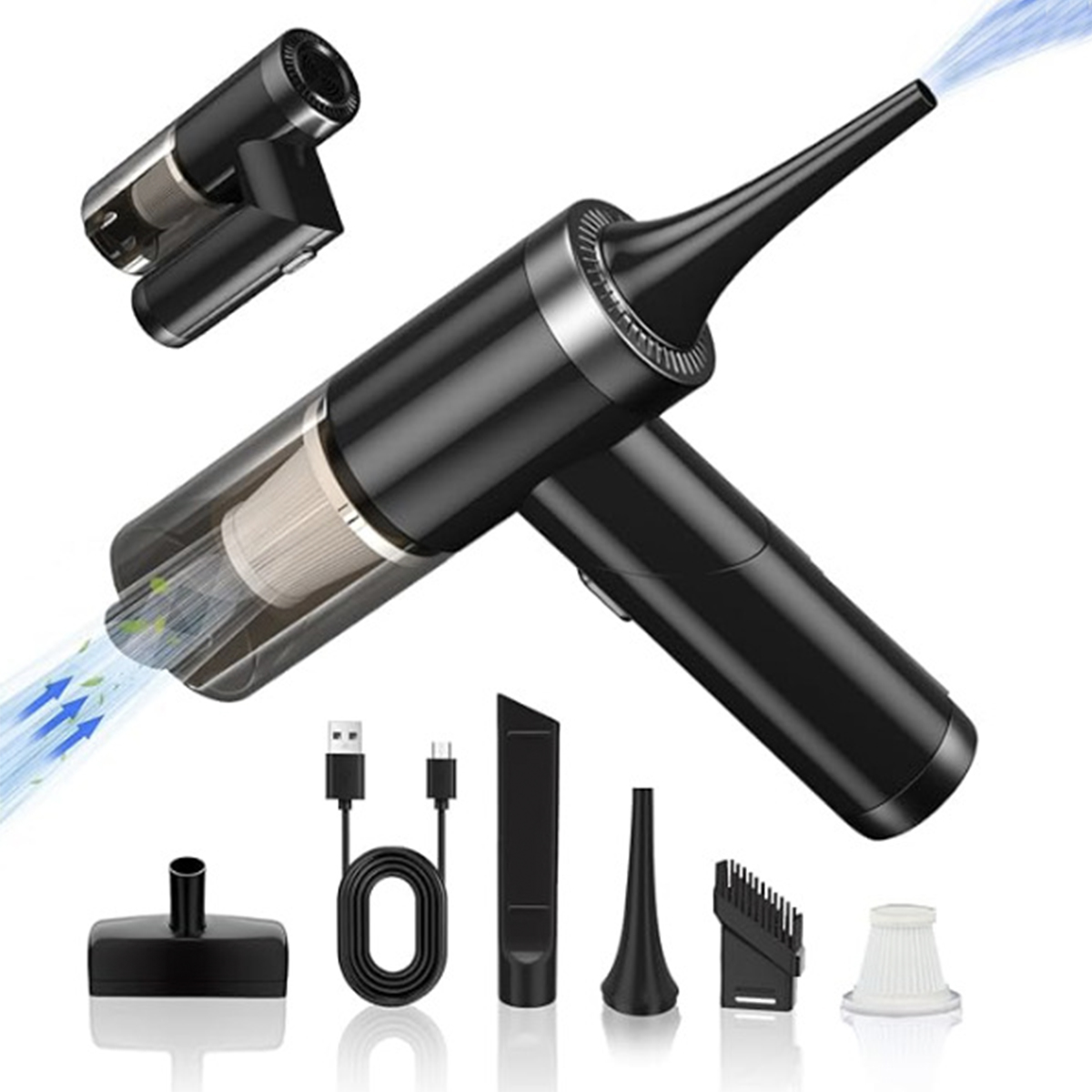 Czarny odkurzacz bezprzewodowy z różnymi nasadkami i kablami ładującymi. Odkurzacz jest na białej powierzchni.