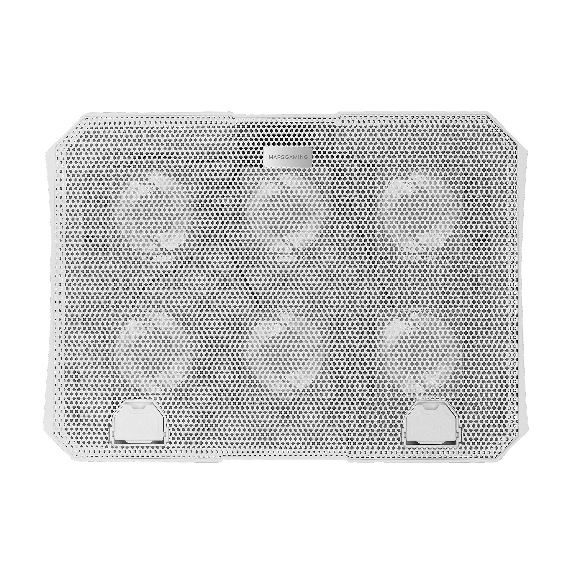 Enfriador blanco para portátil con superficie perforada y el logo de Mars Gaming.