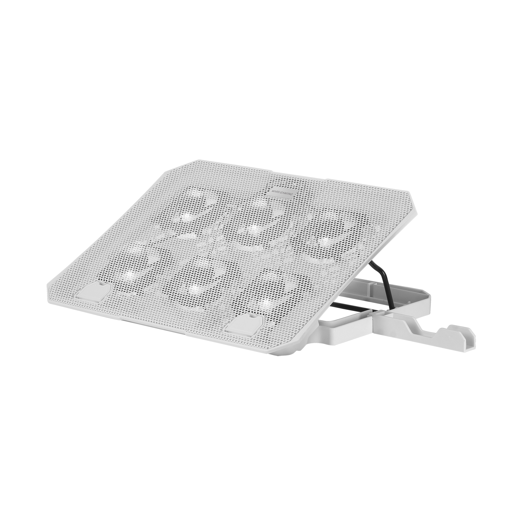 Enfriador de portátil blanco con múltiples ventiladores y patas ajustables, sobre fondo negro. Superficie perforada.