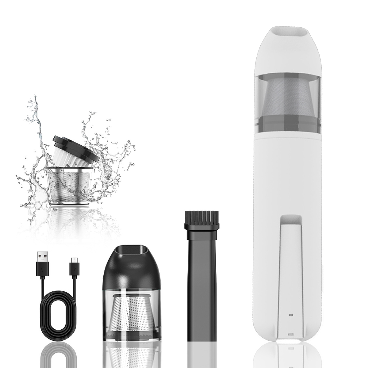 Biały odkurzacz ręczny z akcesoriami.