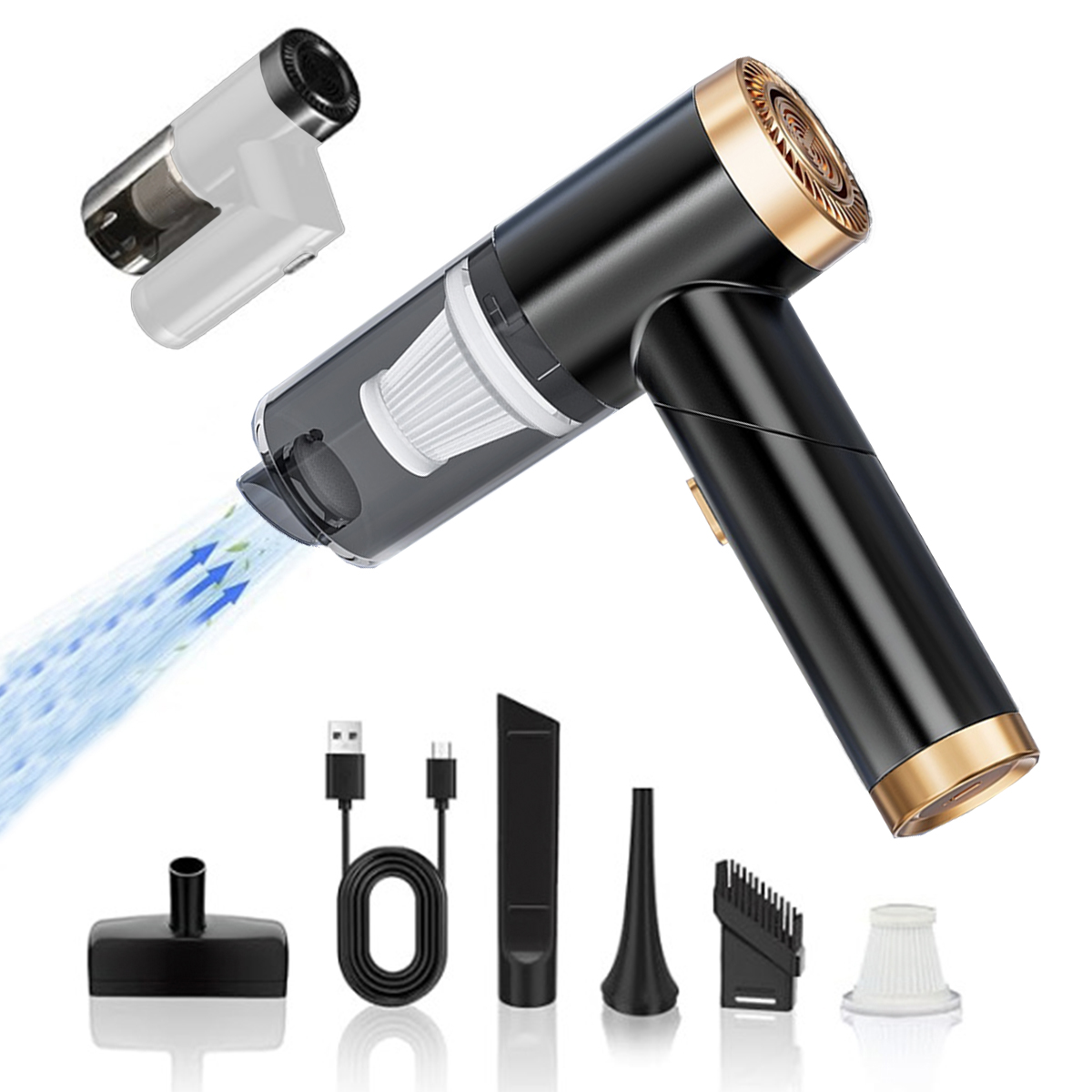 Czarno-złoty odkurzacz ręczny z akcesoriami i niebieskim przepływem powietrza.