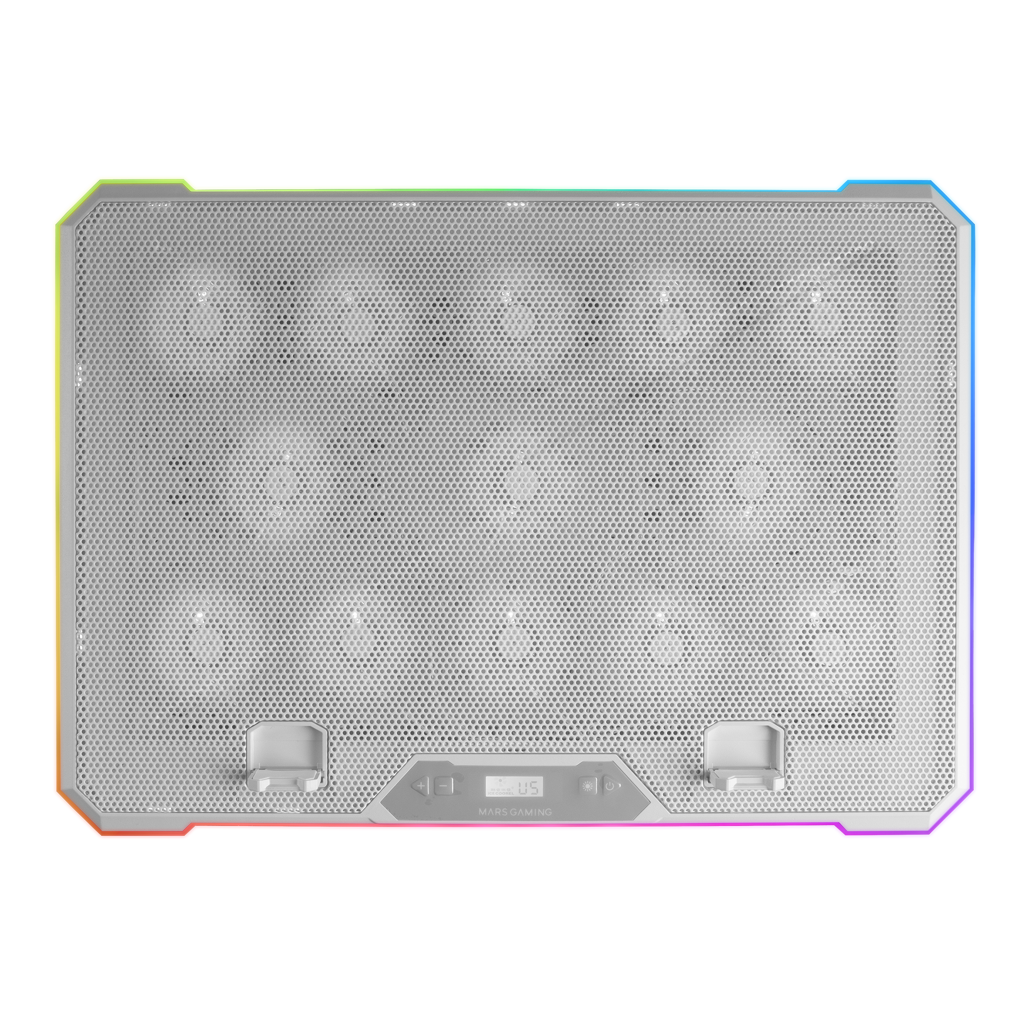 Un soporte blanco para portátil con iluminación RGB.