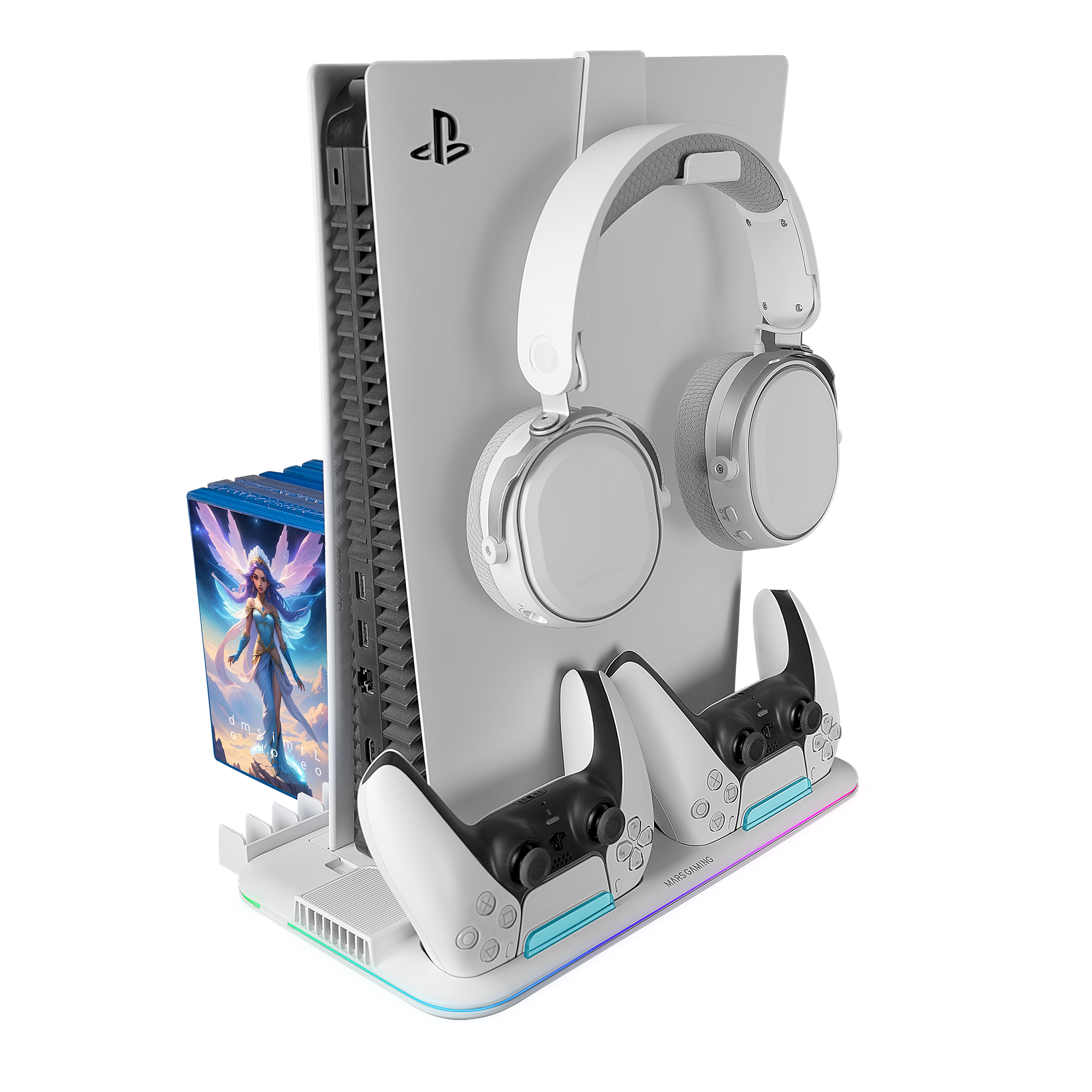 Un auricular para juegos blanco, dos mandos y un juego en un soporte.