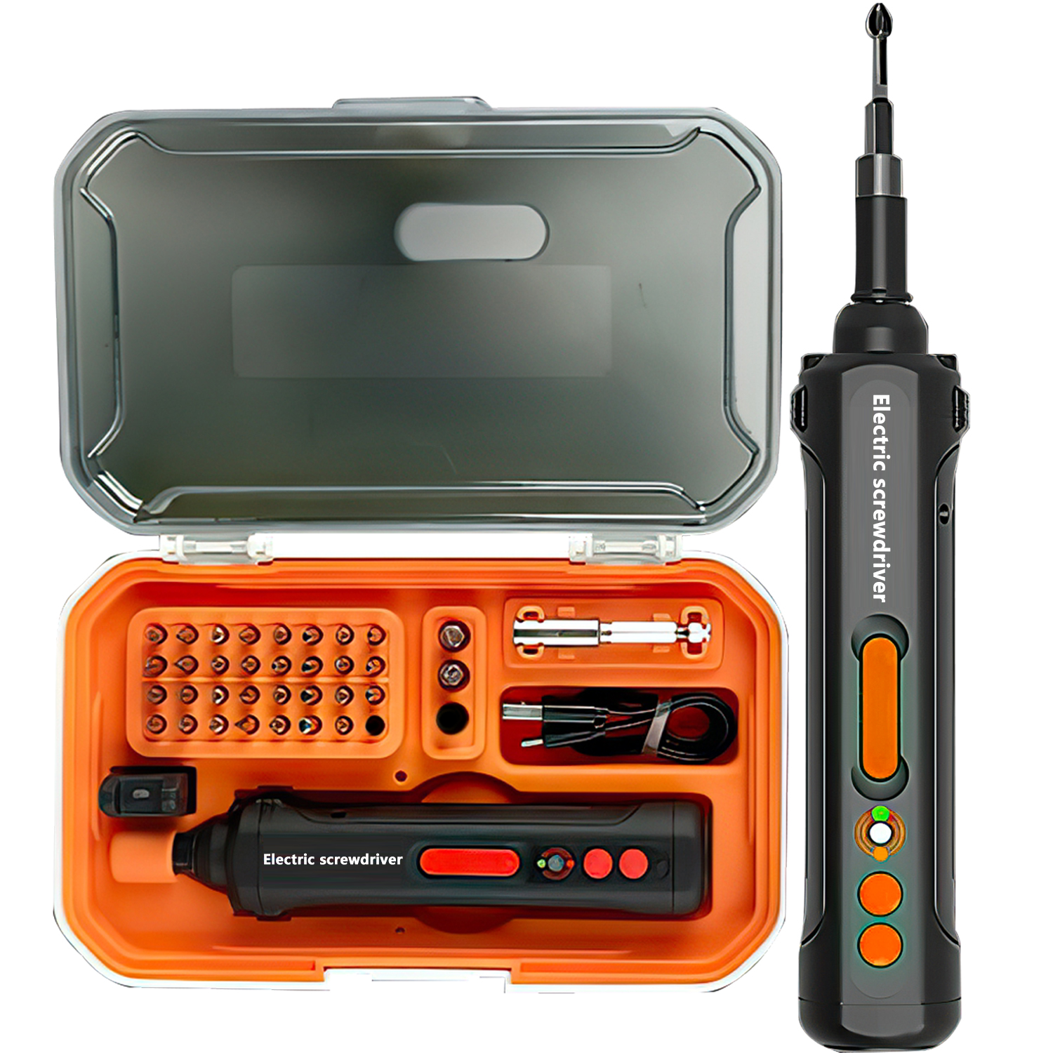 Elektrisches Schraubendreher-Set in orange-schwarzem Koffer. Schraubendreher und Zubehör. Weißer Hintergrund.