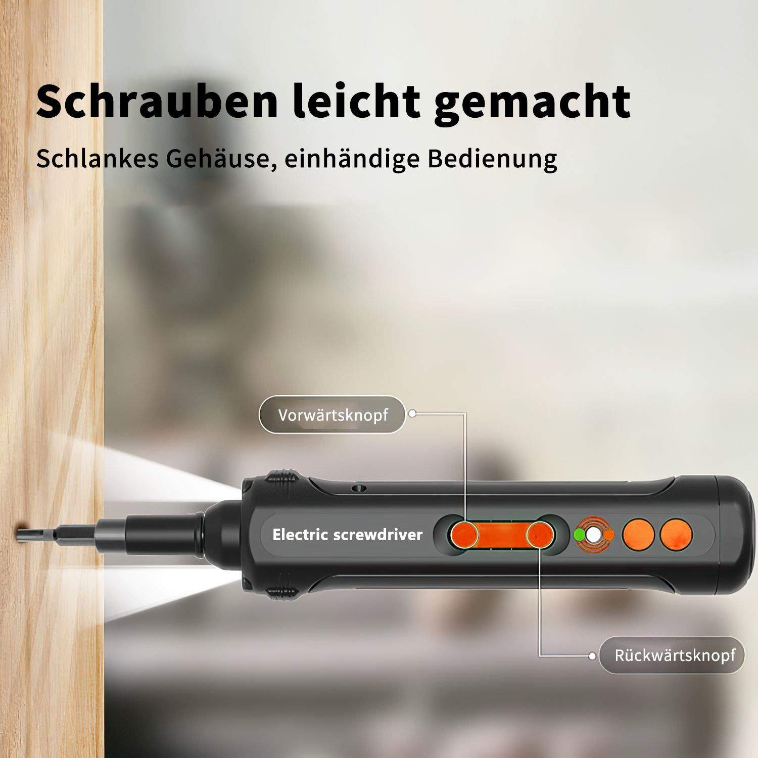 Ein elektrischer Schraubendreher auf Holzoberfläche mit hervorgehobenen Knöpfen und dem Text: Schrauben leicht gemacht.