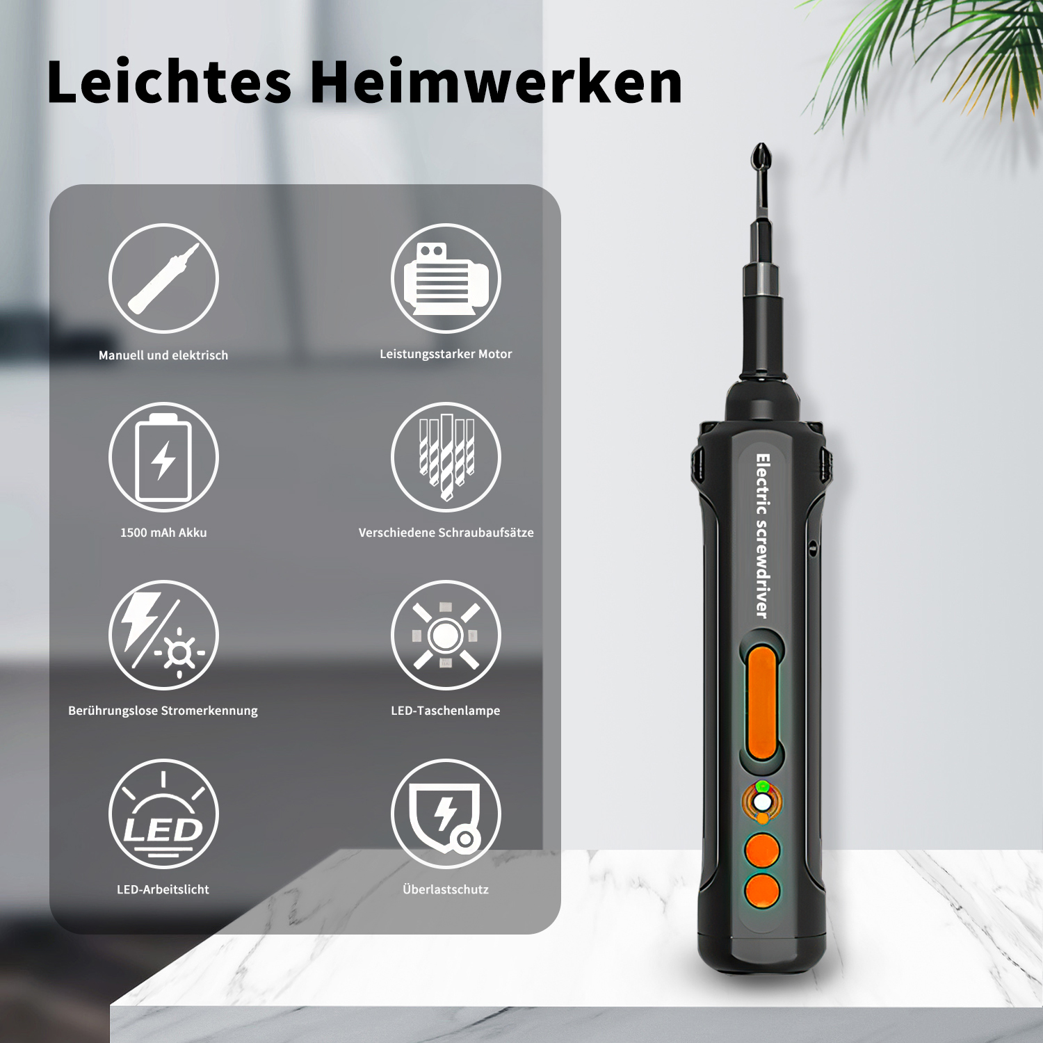 Schwarzer Elektroschrauber mit orangefarbenen Details, umgeben von Funktionsillustrationen und Symbolen.
