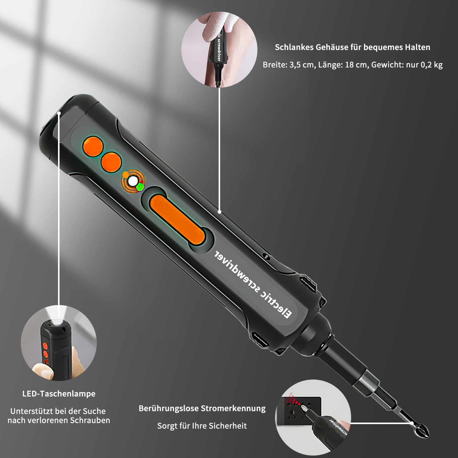 Ein schwarzer Elektroschraubendreher mit orangefarbenen Akzenten. Er hat eine eingebaute LED-Taschenlampe.