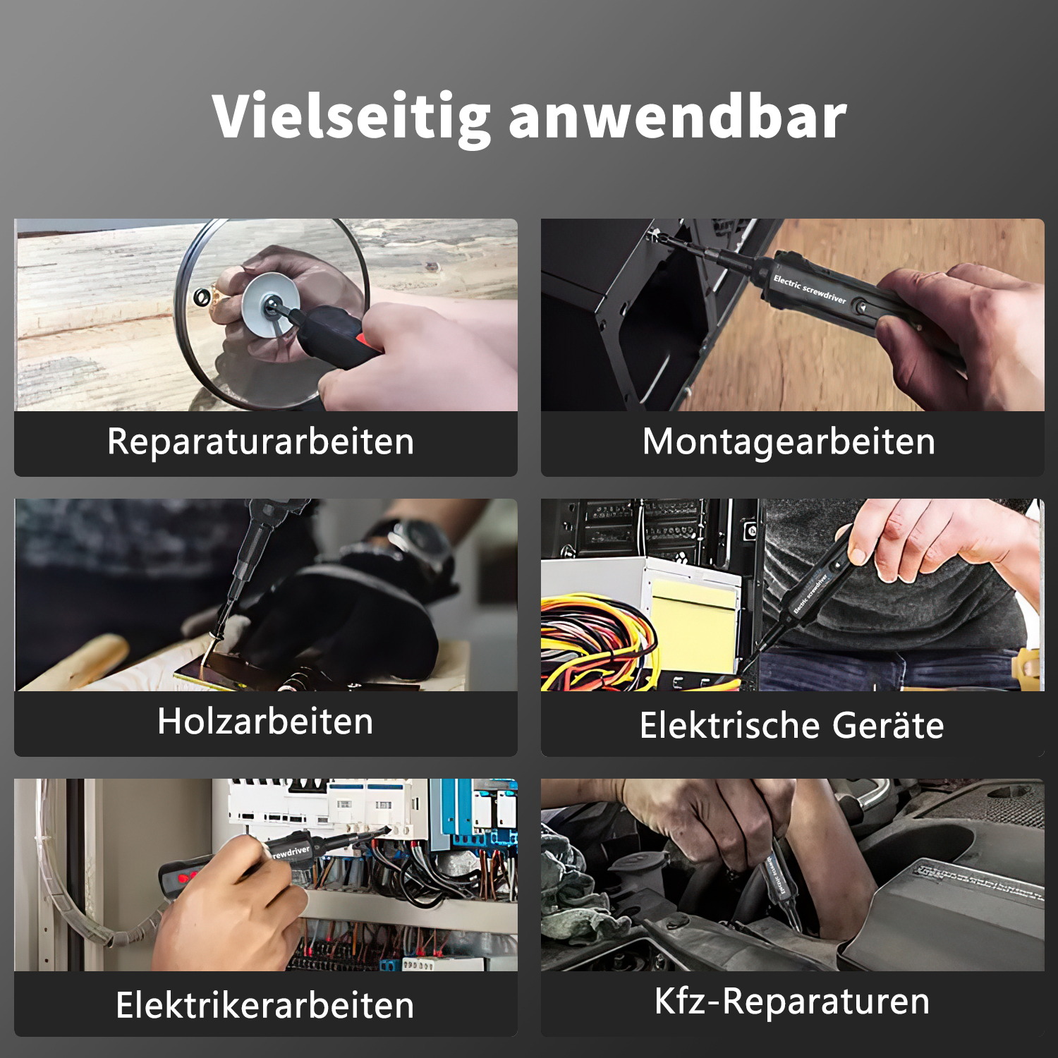 Bild mit mehreren kleinen Bildern, die verschiedene Anwendungen von Elektroschraubern zeigen.