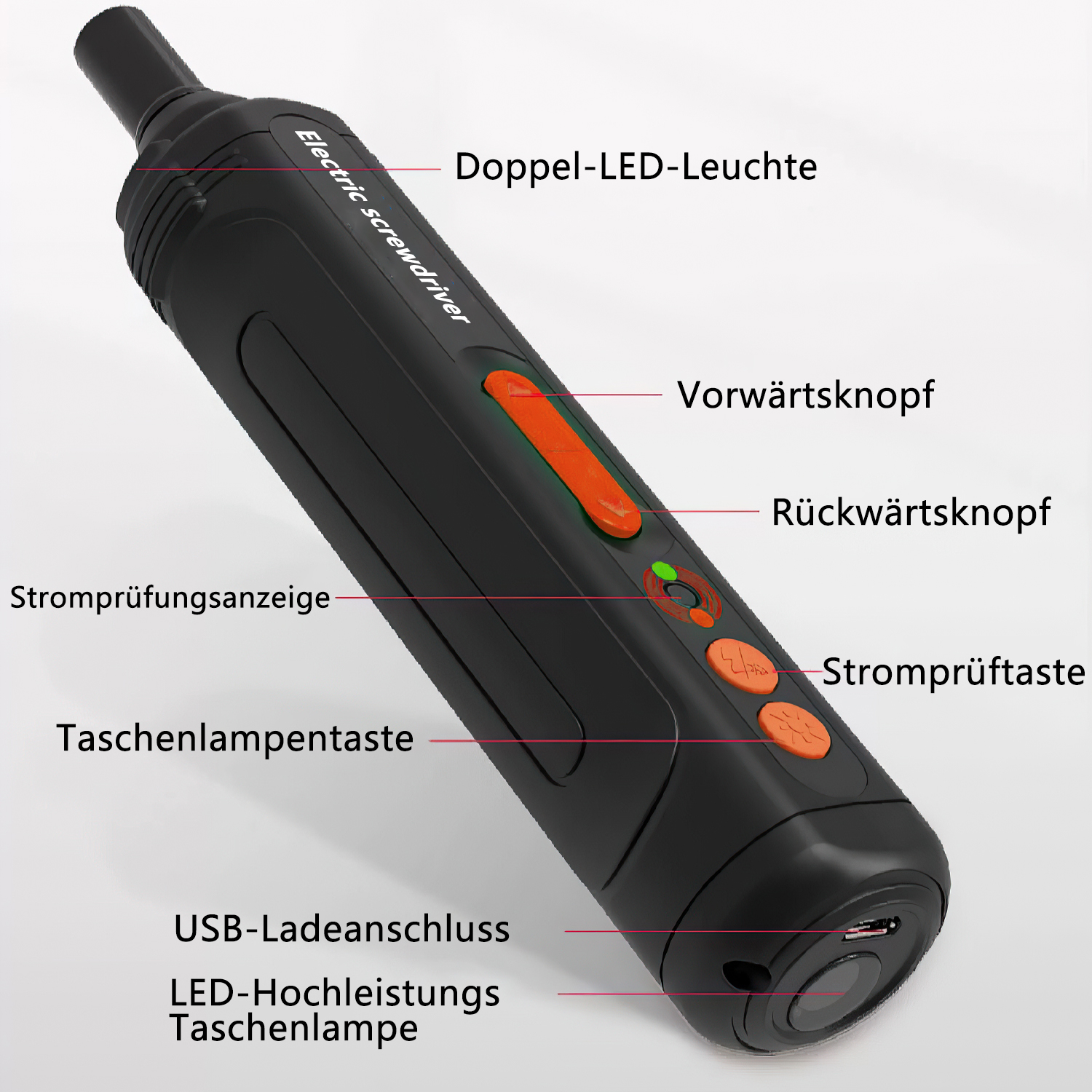 Schwarzer Elektroschrauber mit orangefarbener Taste, Beschriftungen und USB-Anschluss, isoliert auf weißer Oberfläche.