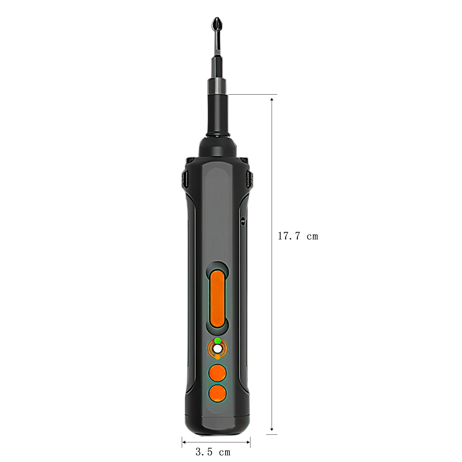 Schwarzer und oranger elektrischer Schraubendreher mit Maßen. Orangefarbene Knöpfe.
