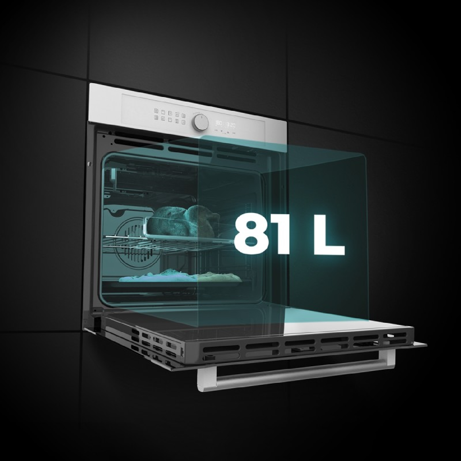Forno con la porta aperta, che mostra l'interno, etichettato con '81 L' in una scena in bianco e nero.