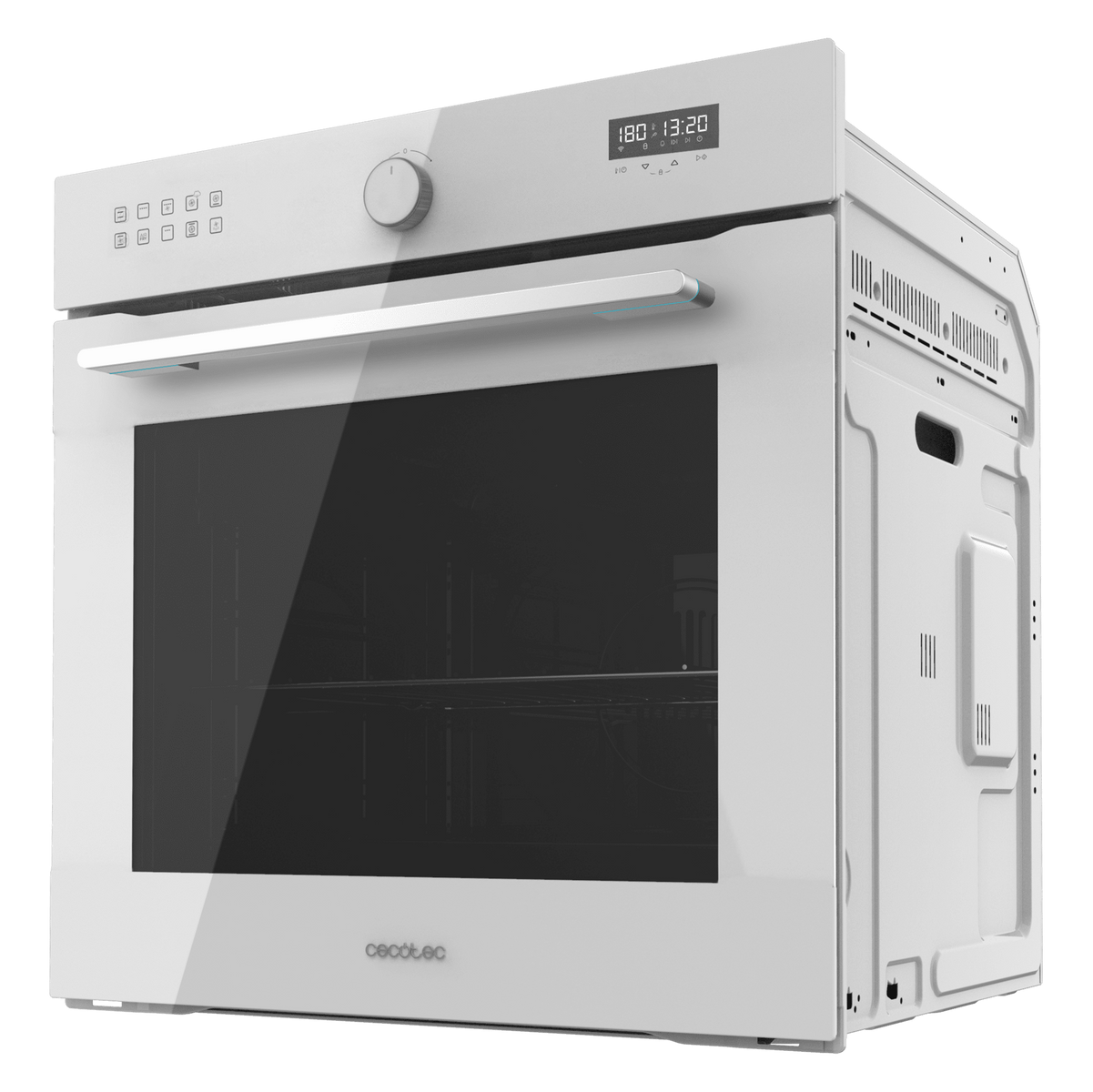 Un forno a incasso bianco con porta in vetro nero, sfondo bianco.